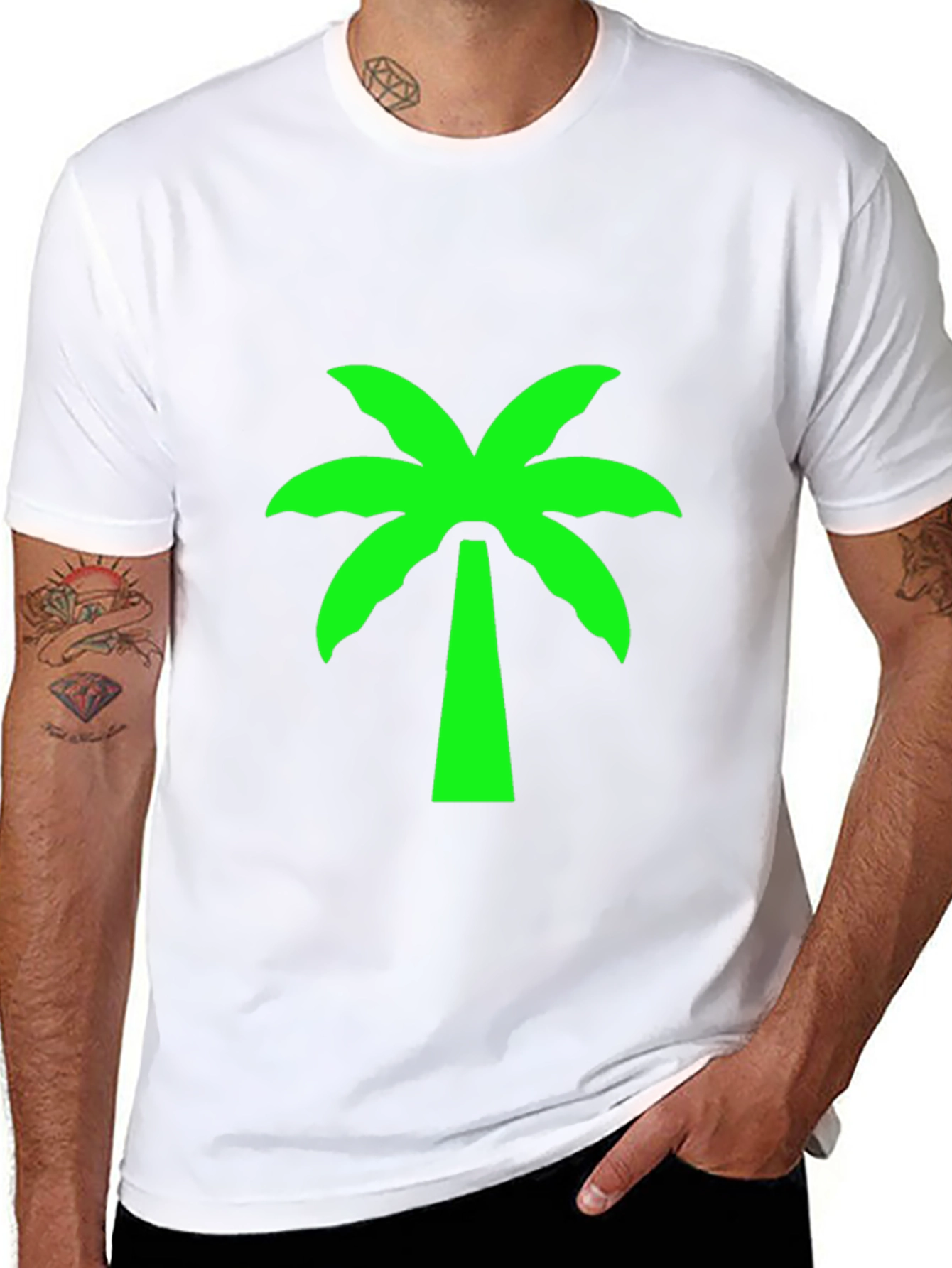 Black T-Shirt with Neon Green Palm Tree Graphic