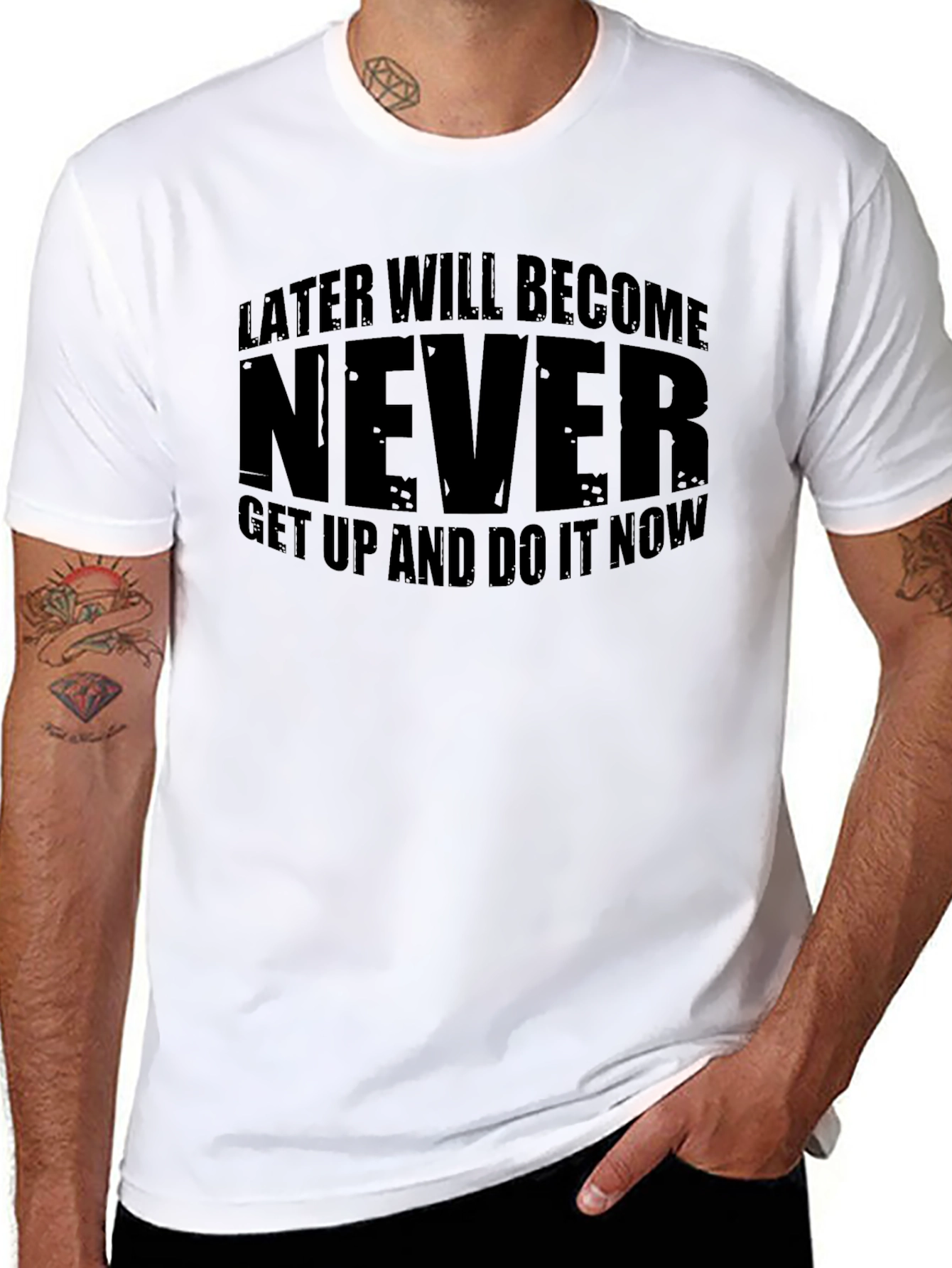 Later Will Become Never Motivational Black T-Shirt