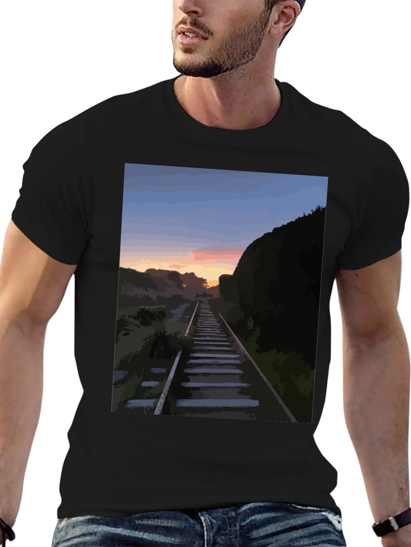 Sunset Rails Graphic Tee - Stylish Mens Black T-Shirt