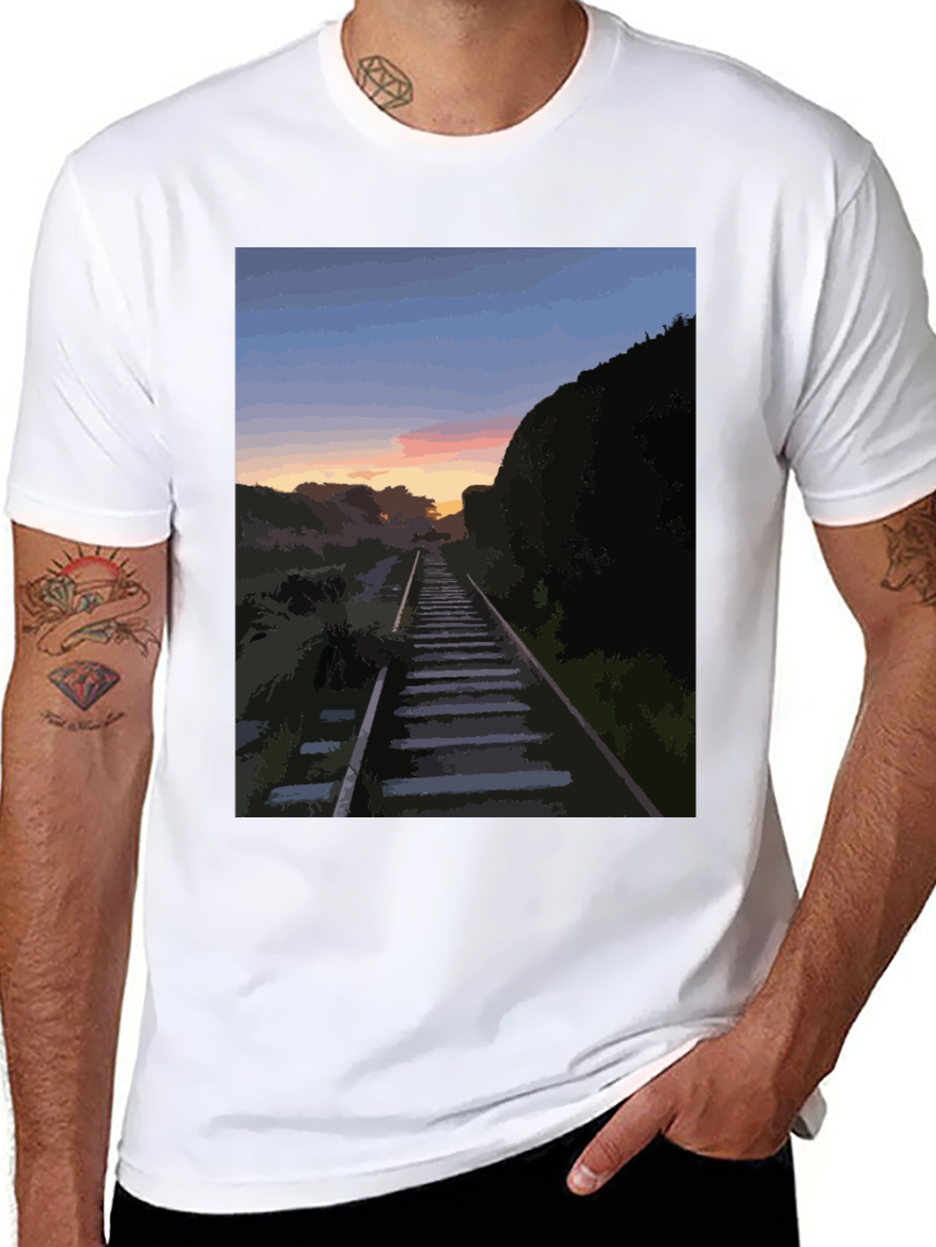 Sunset Rails Graphic Tee - Stylish Mens Black T-Shirt