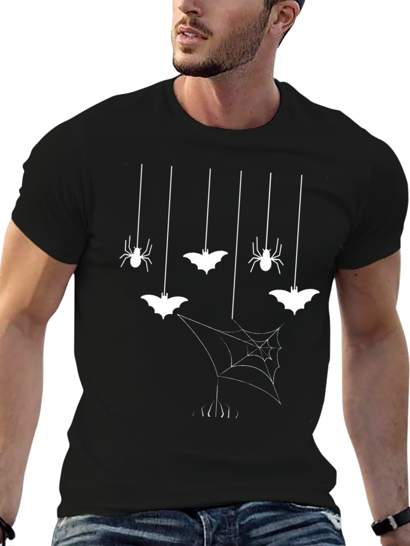 Halloween Spider & Bat Graphic Tee - Black