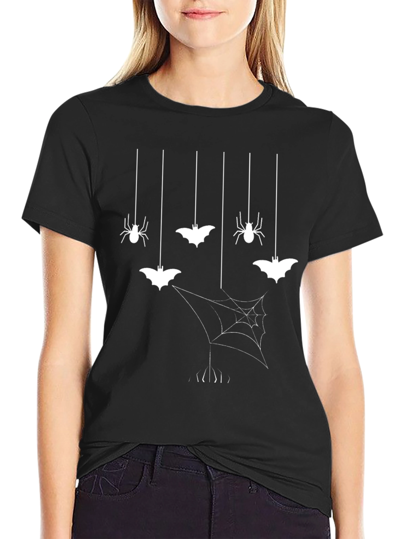 Halloween Spider & Bat Graphic Tee - Black