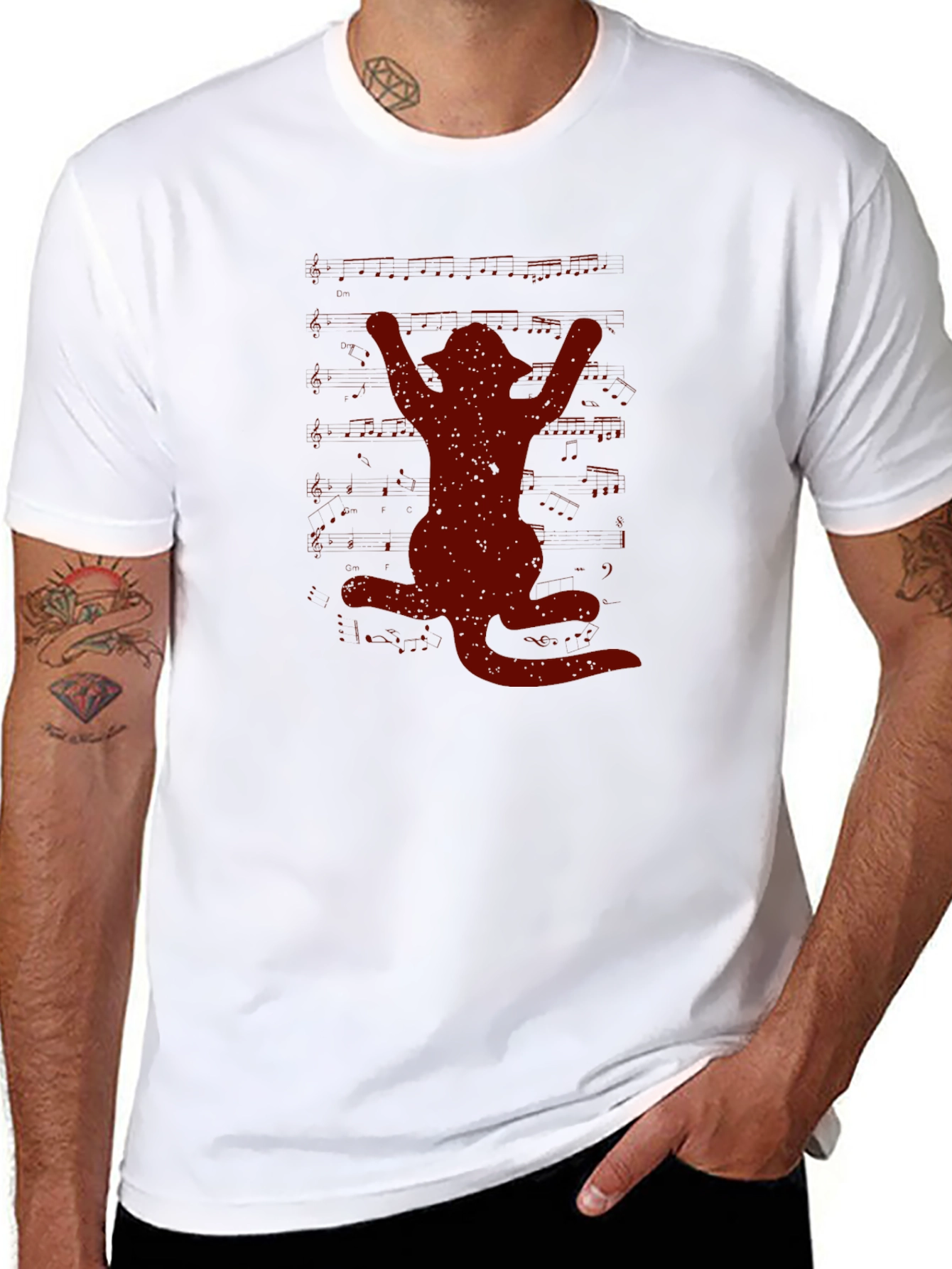 Cat Silhouette Graphic Tee - Black Crew Neck
