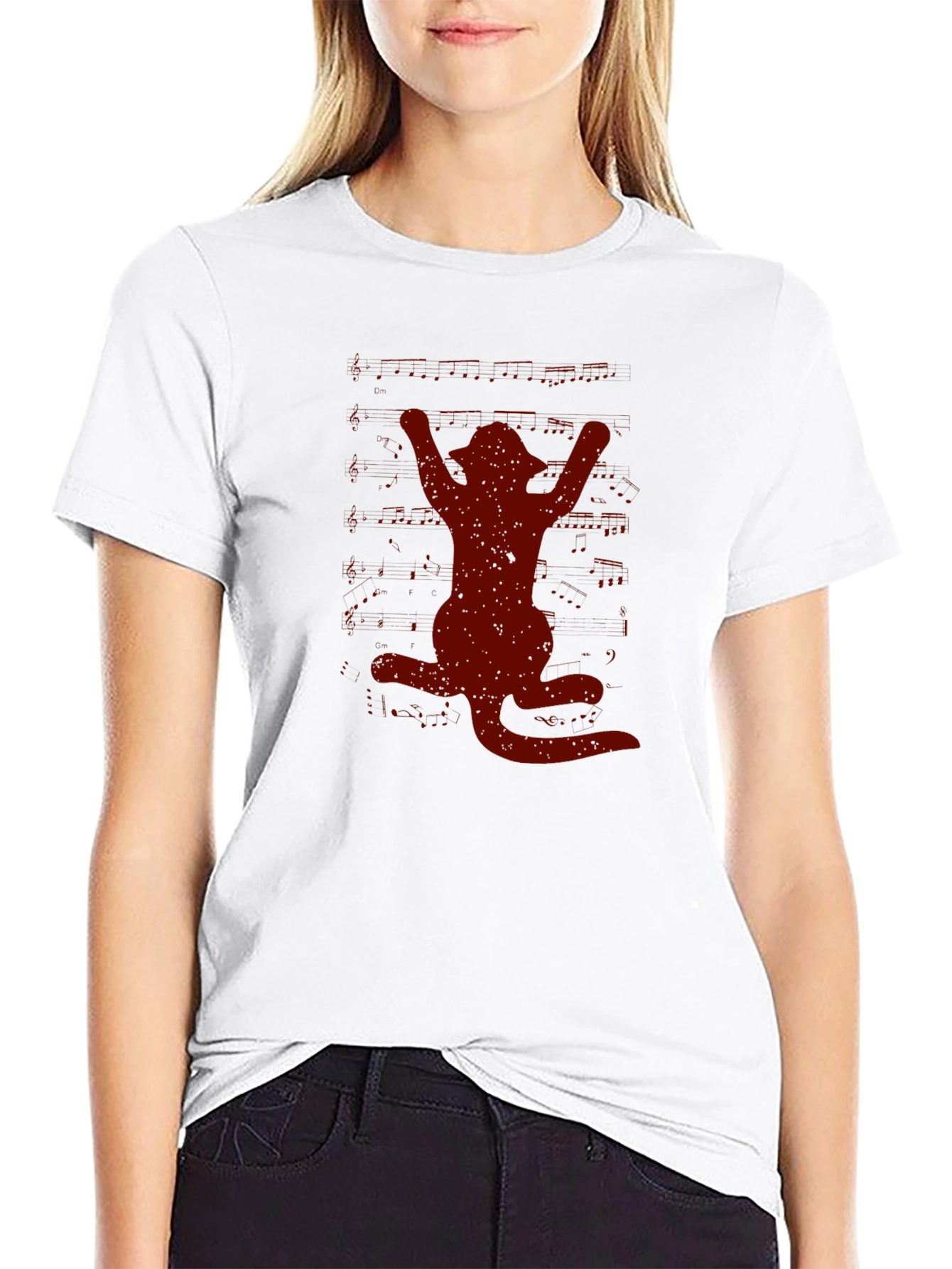 Cat Silhouette Graphic Tee - Black Crew Neck