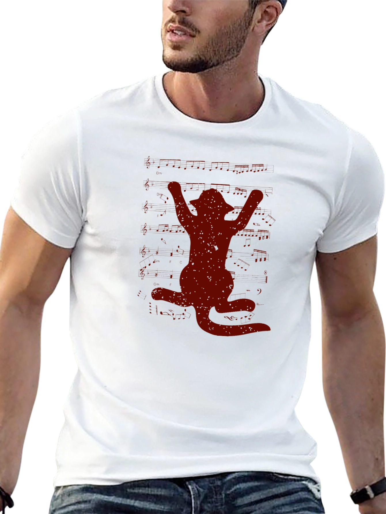 Cat Silhouette Graphic Tee - Black Crew Neck