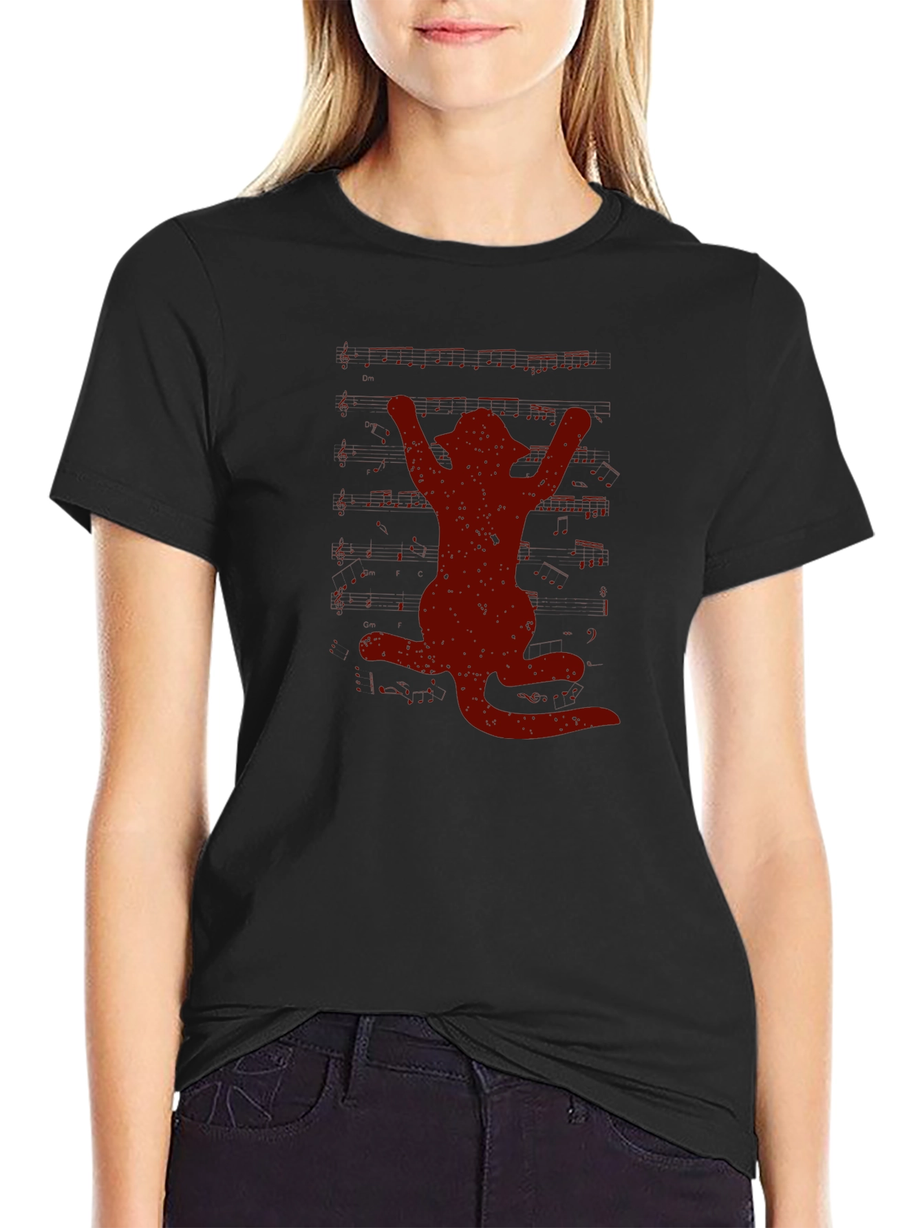 Cat Silhouette Graphic Tee - Black Crew Neck