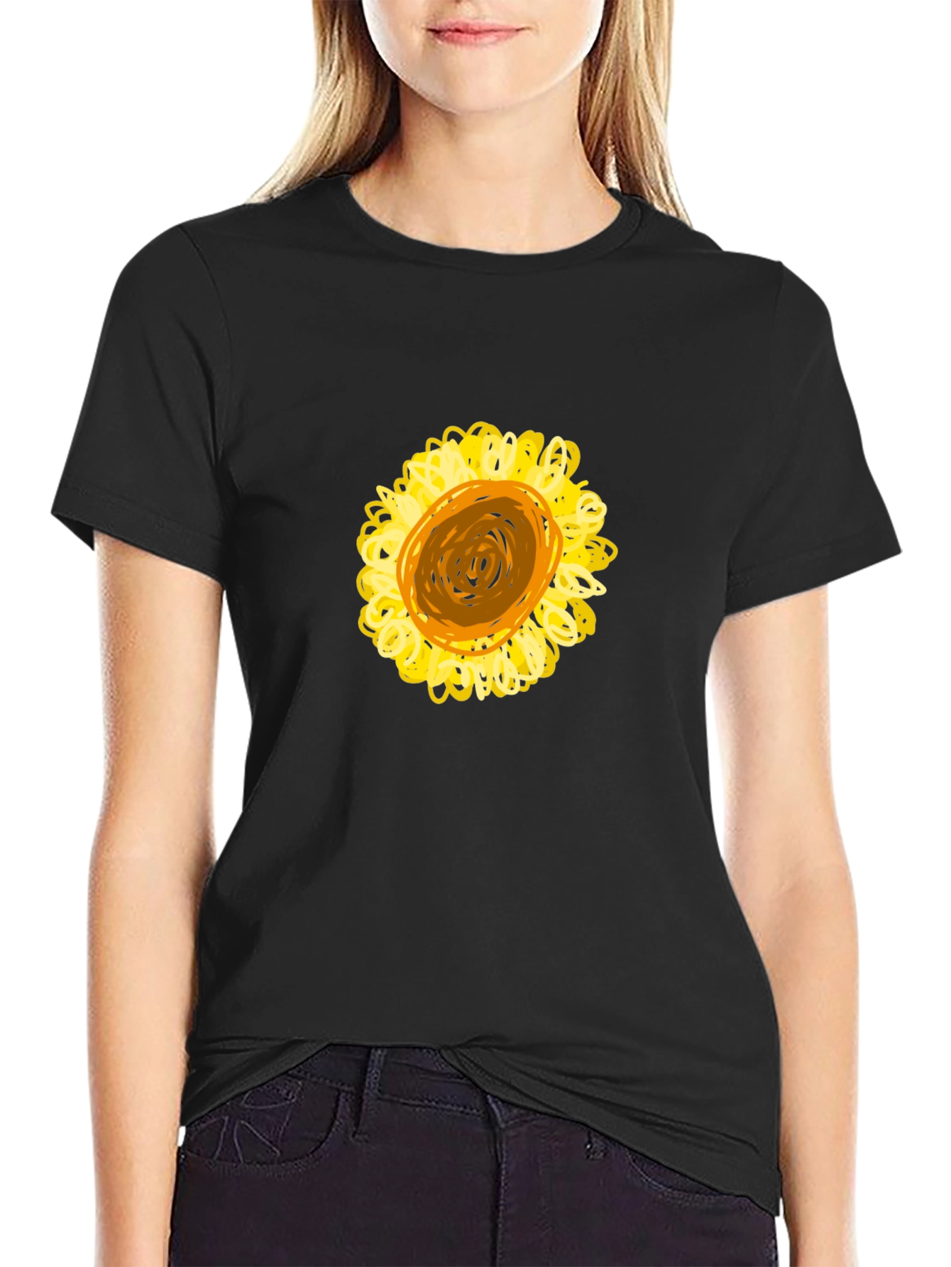 Black T-Shirt with Sunflower Graphic