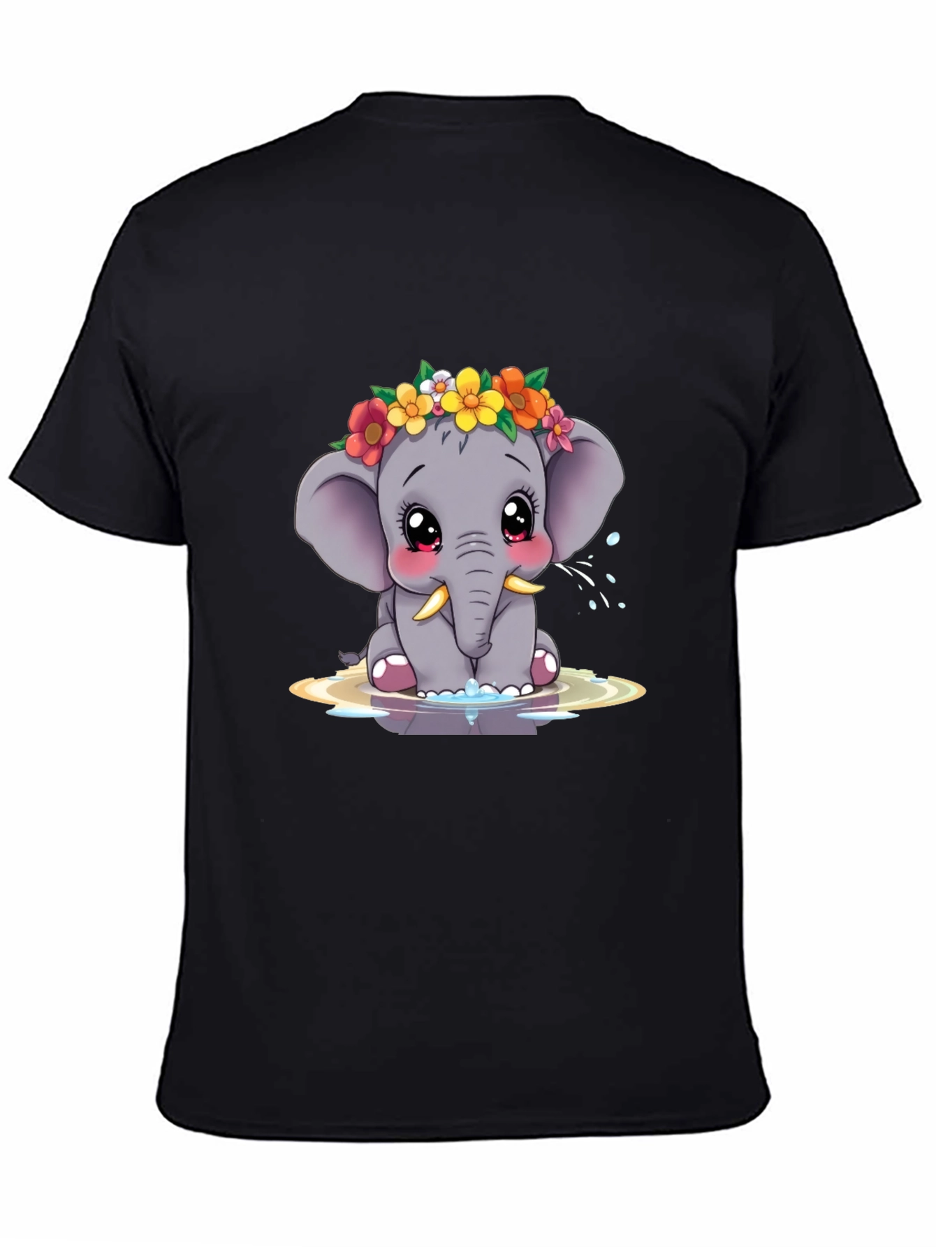 Cute Elephant Floral Crown Black Tee