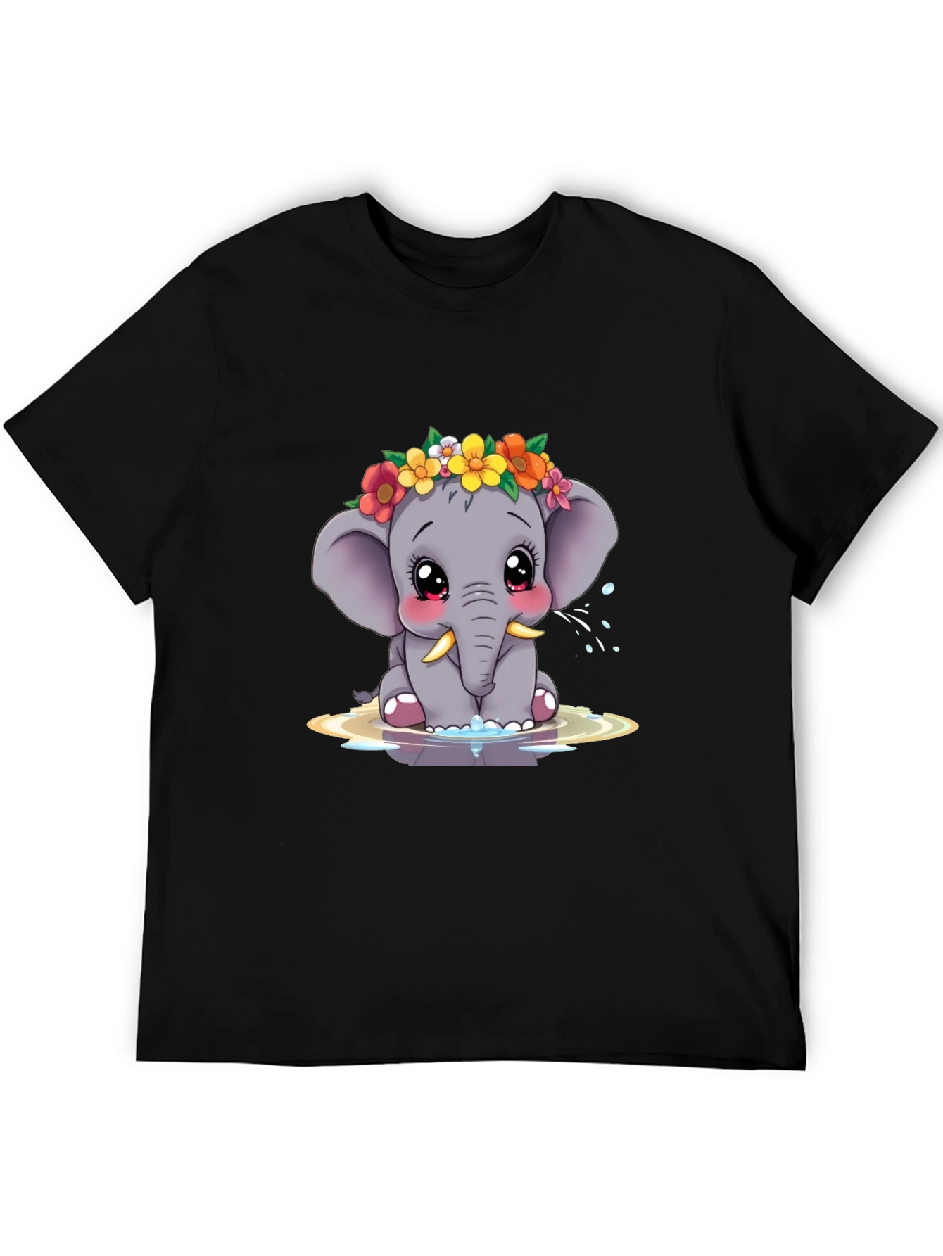 Cute Elephant Floral Crown Black Tee