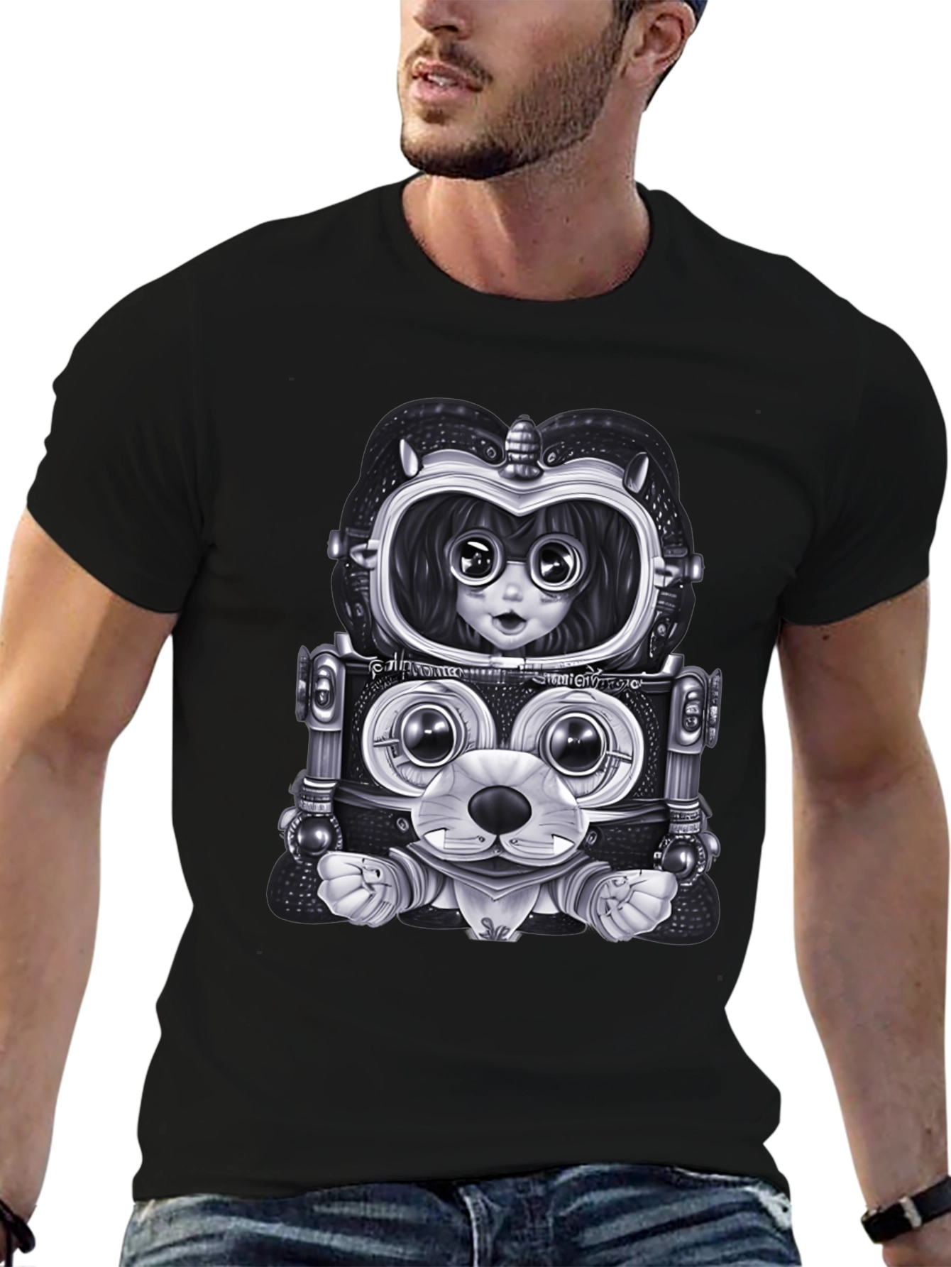Robot Anime Graphic Tee - Mens Black Shirt