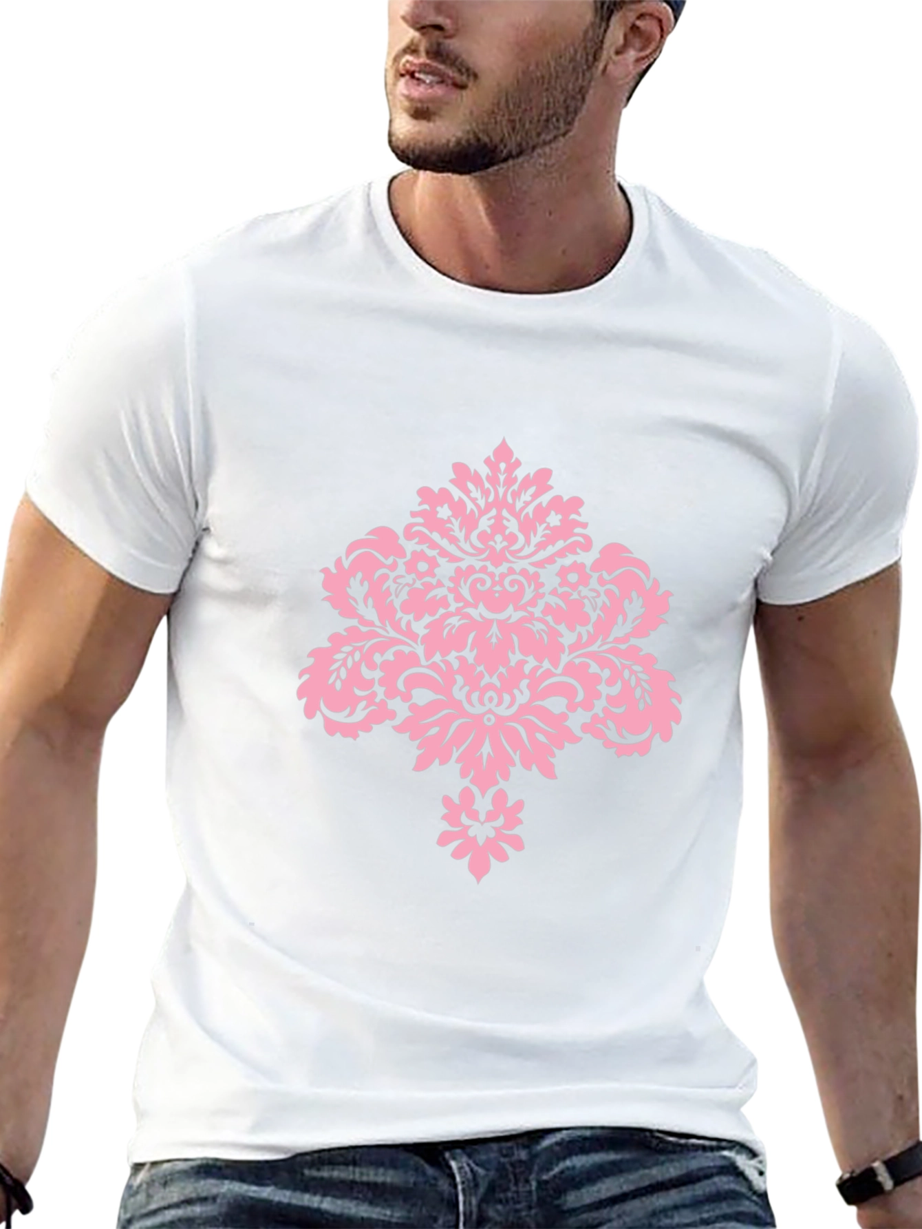Stylish Black T-Shirt with Pink Damask Design