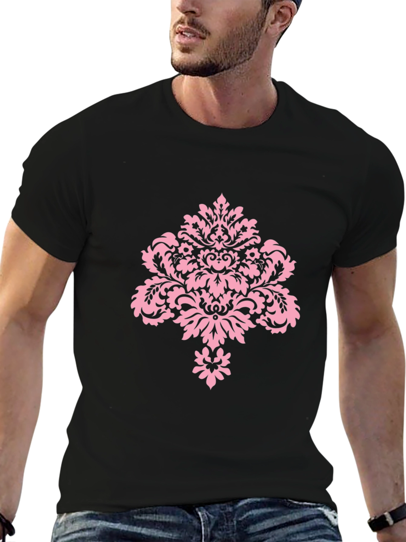 Stylish Black T-Shirt with Pink Damask Design