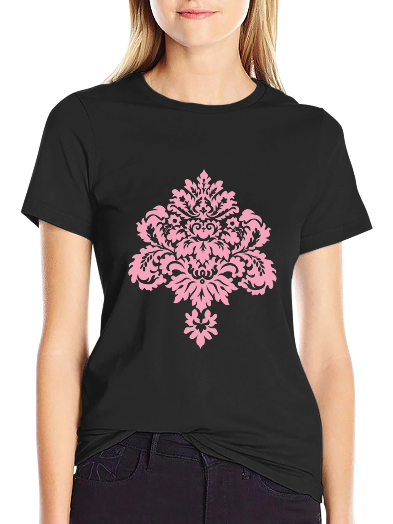 Stylish Black T-Shirt with Pink Damask Design