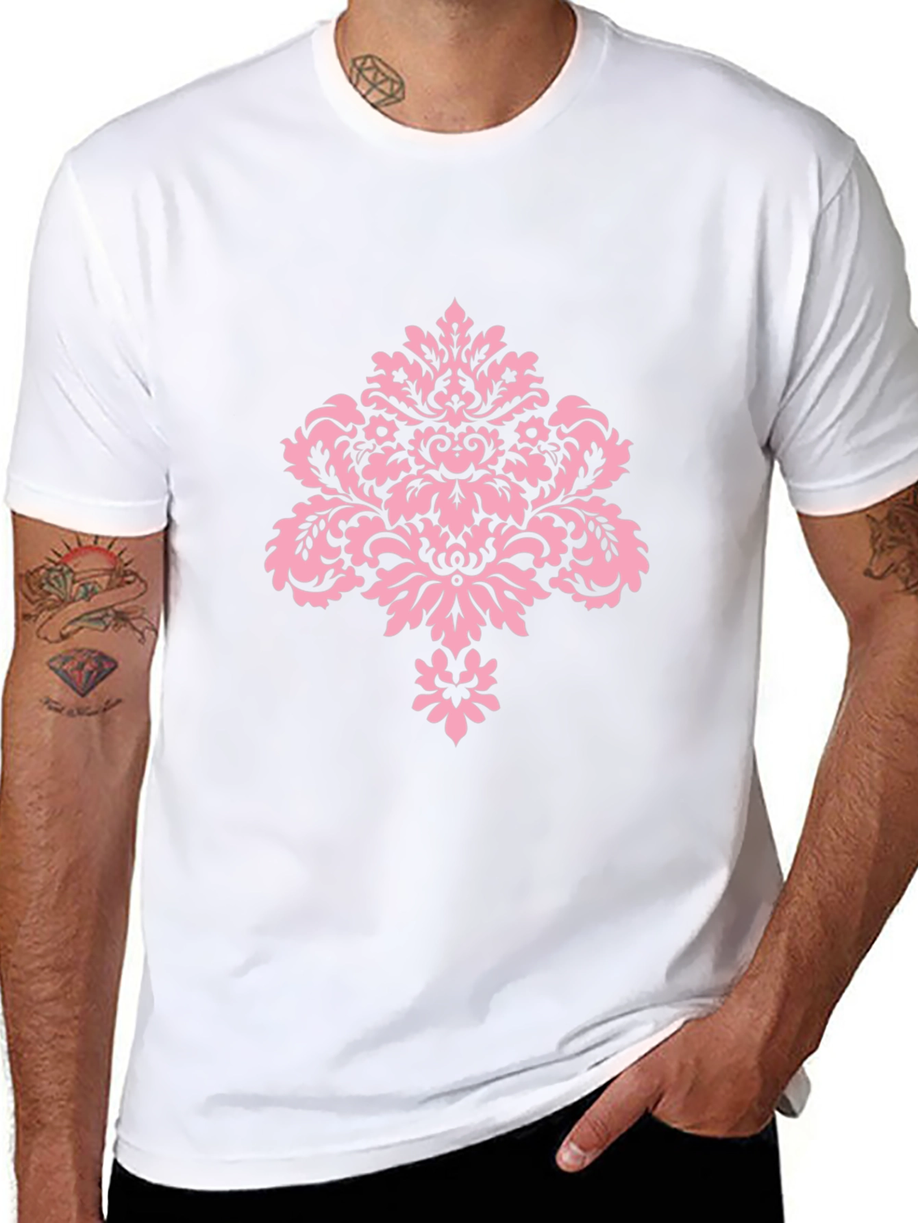 Stylish Black T-Shirt with Pink Damask Design