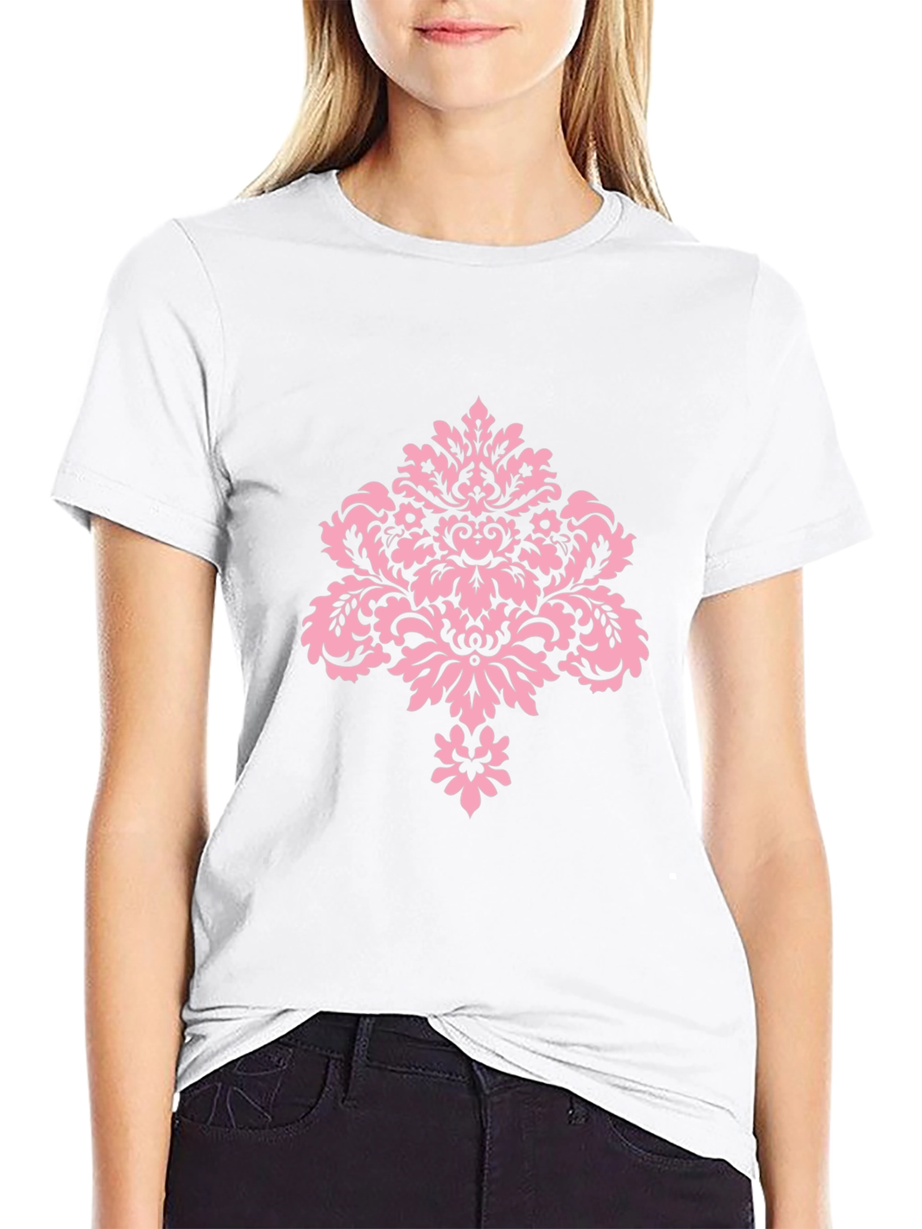 Stylish Black T-Shirt with Pink Damask Design