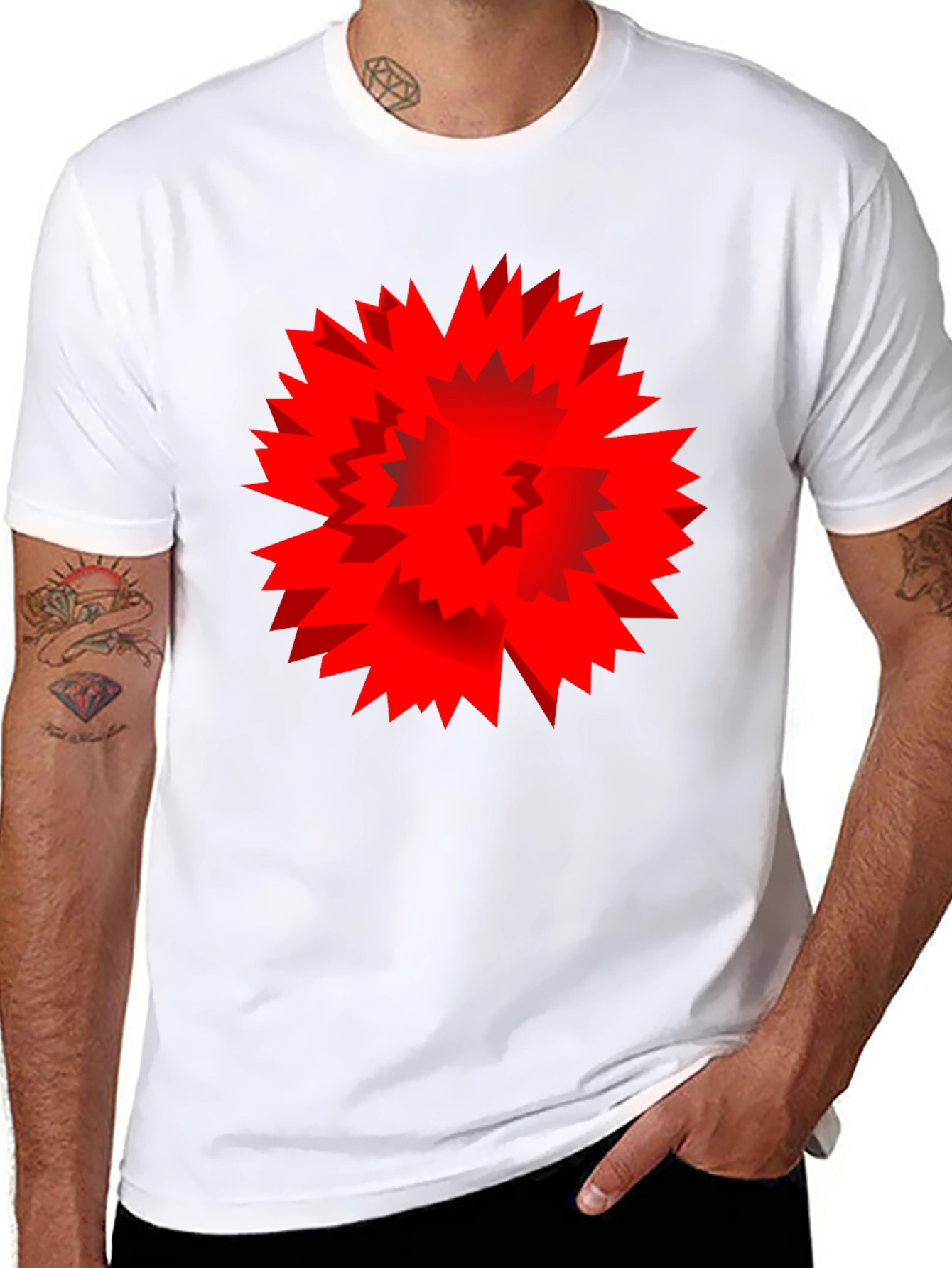Bold Red Geometric Burst Graphic Print Black T-Shirt
