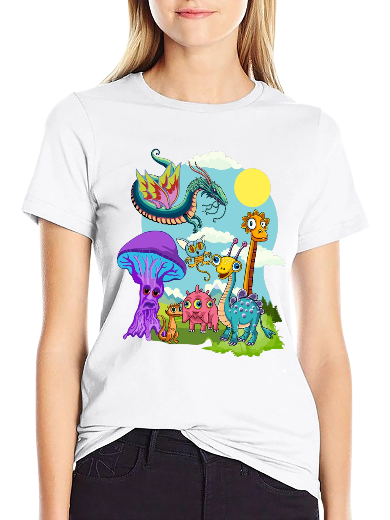 Whimsical Cartoon Creature Black T-Shirt