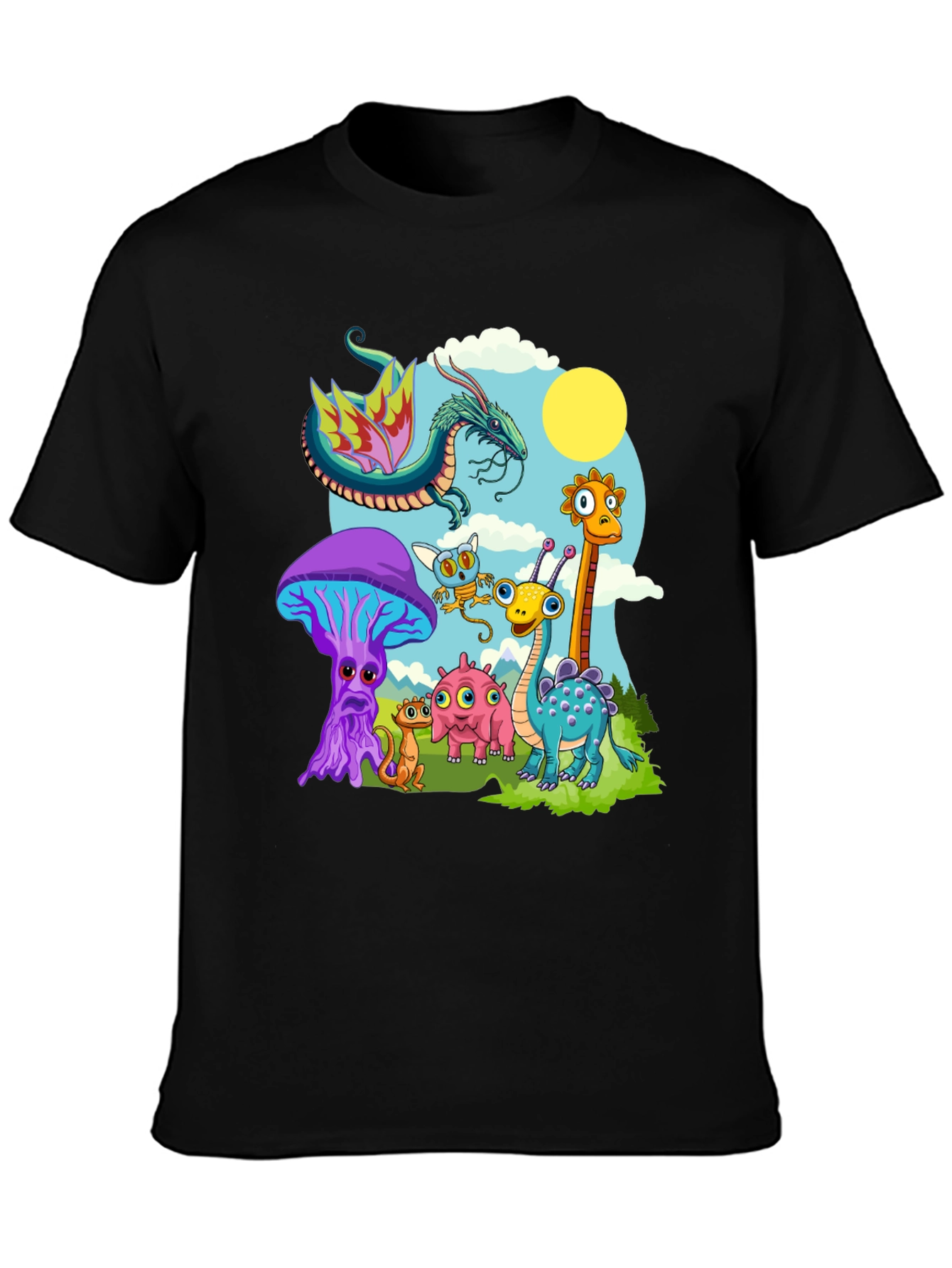Whimsical Cartoon Creature Black T-Shirt