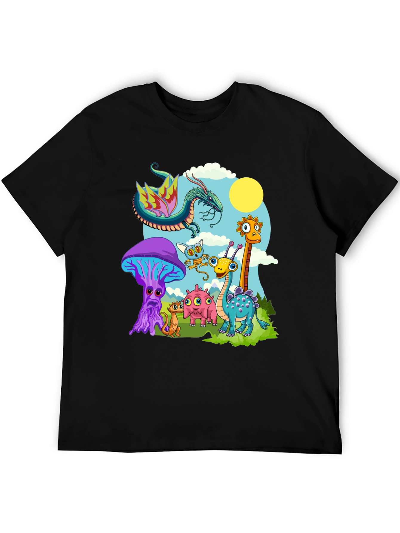 Whimsical Cartoon Creature Black T-Shirt