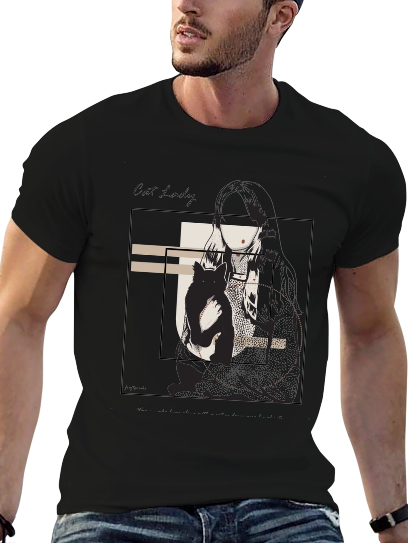 Graphic Tee: Woman & Cat Sketch Black T-Shirt