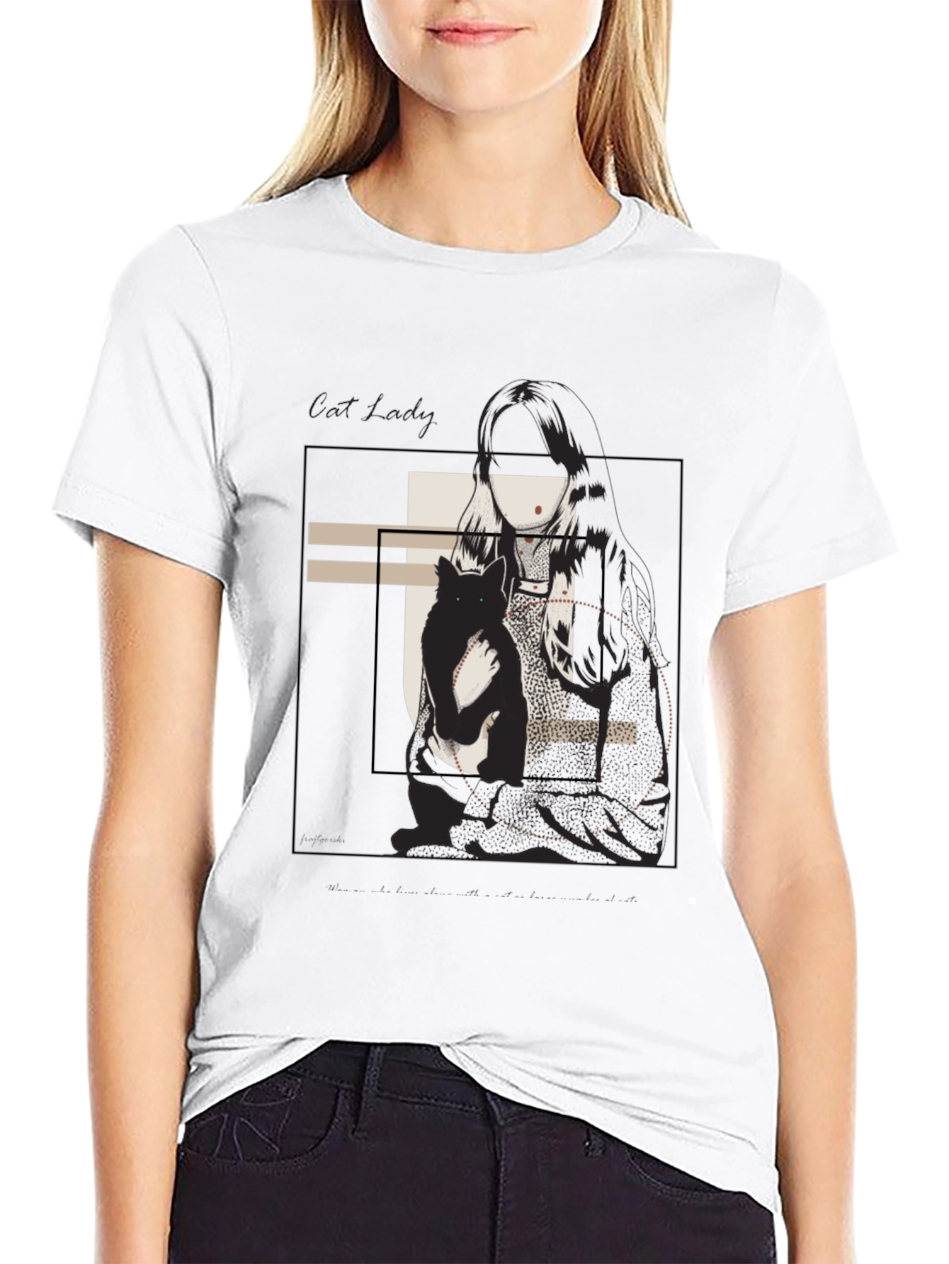 Graphic Tee: Woman & Cat Sketch Black T-Shirt