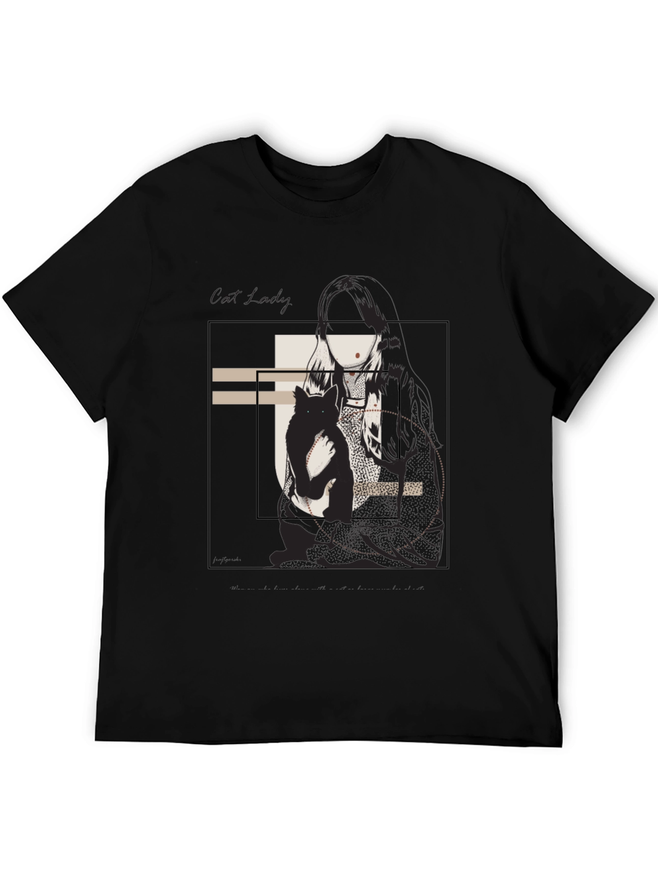 Graphic Tee: Woman & Cat Sketch Black T-Shirt