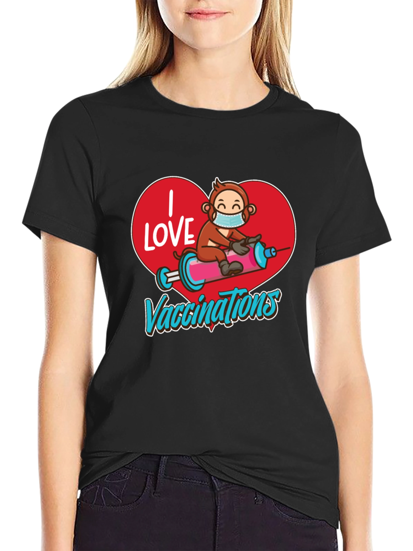 I Love Vaccinations T-Shirt Monkey on Syringe Design