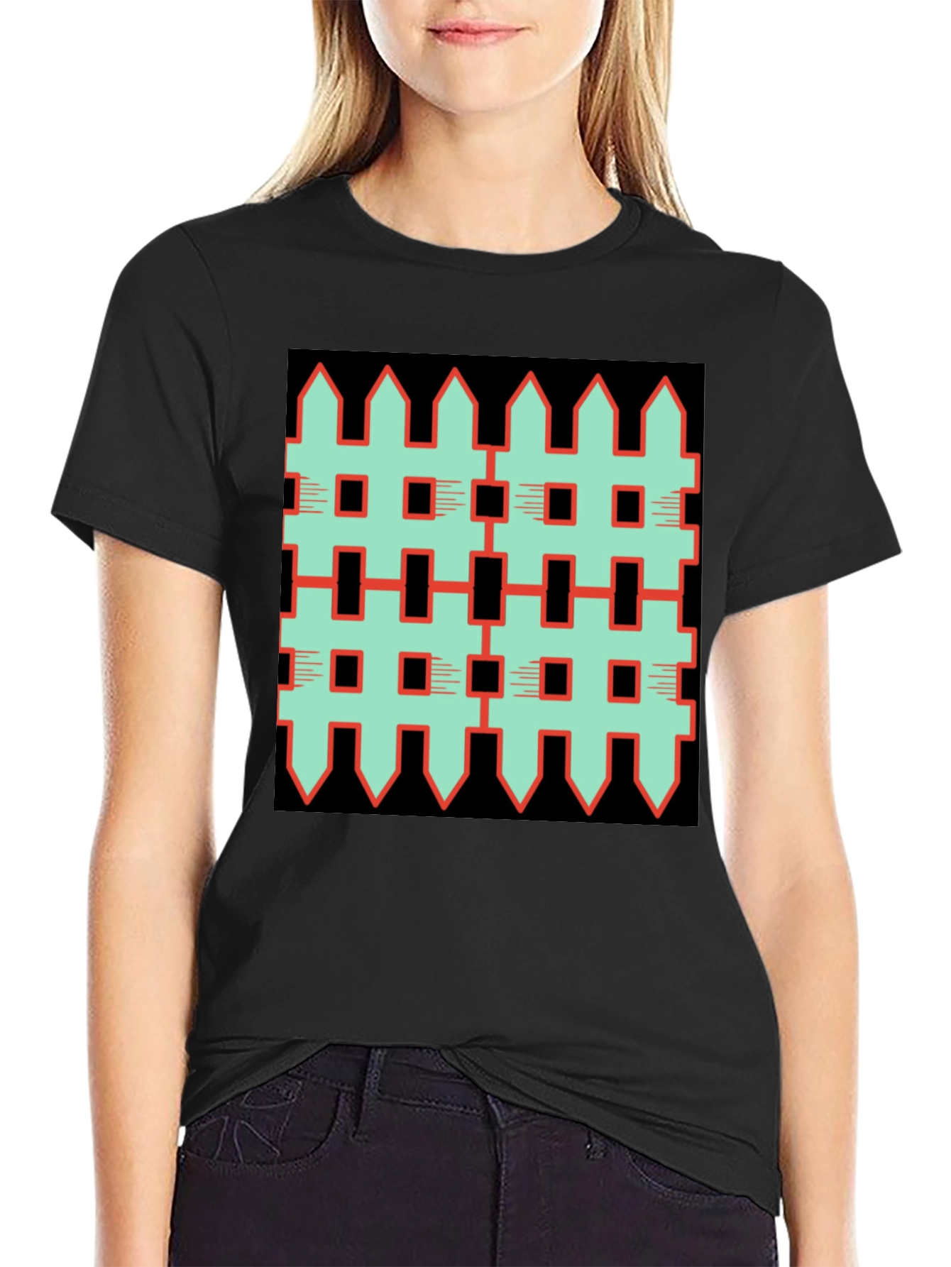 Unique Fence Pattern Graphic Tee - Black