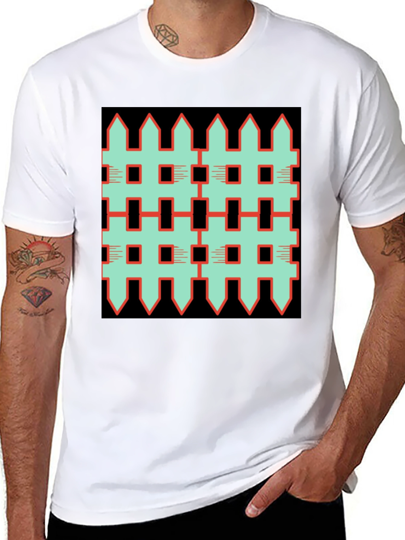 Unique Fence Pattern Graphic Tee - Black
