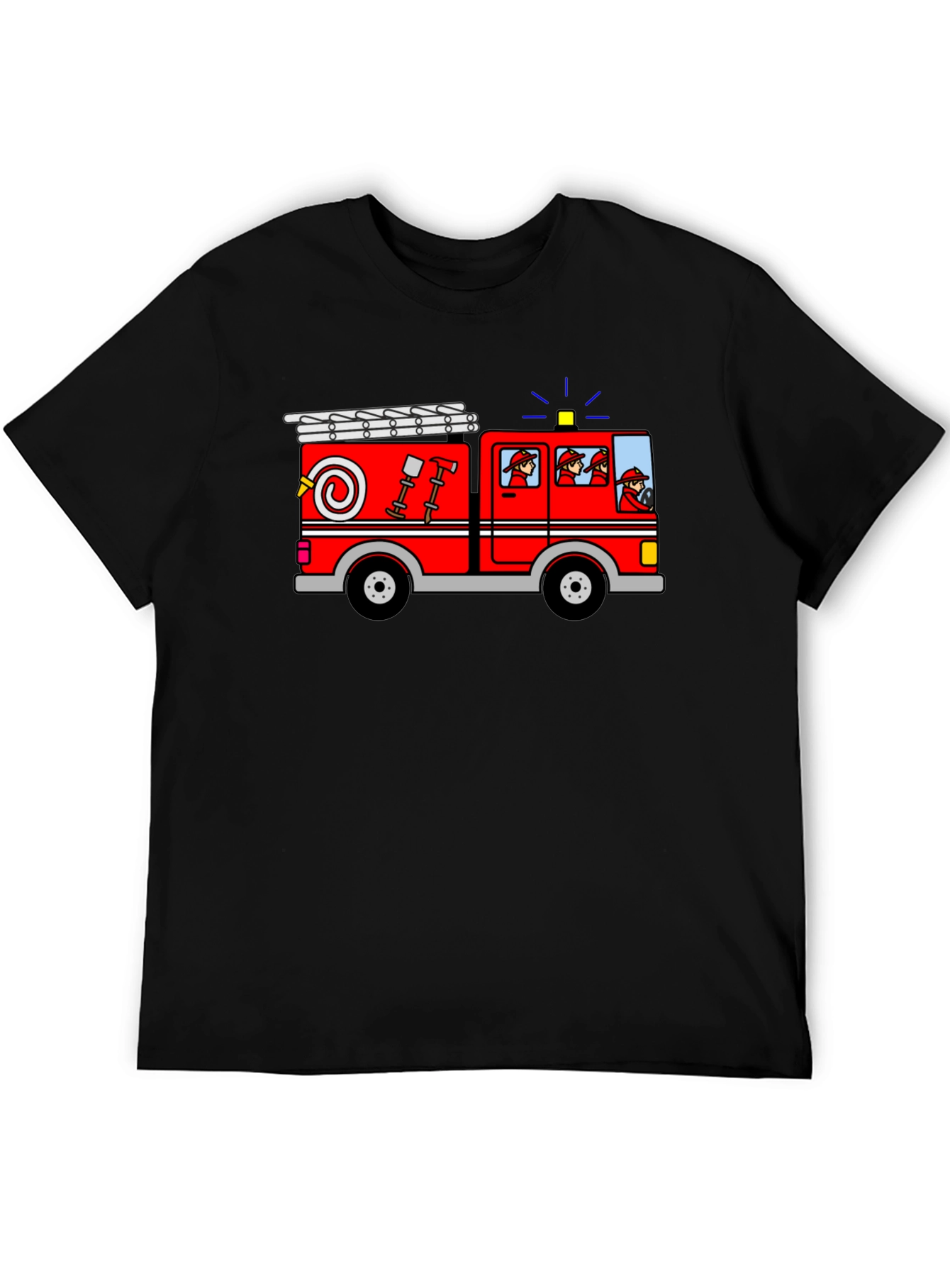 Cartoon Firetruck Graphic Tee - Black Cotton T-Shirt