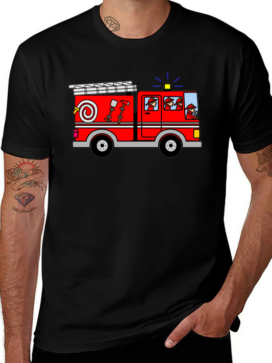 Cartoon Firetruck Graphic Tee - Black Cotton T-Shirt