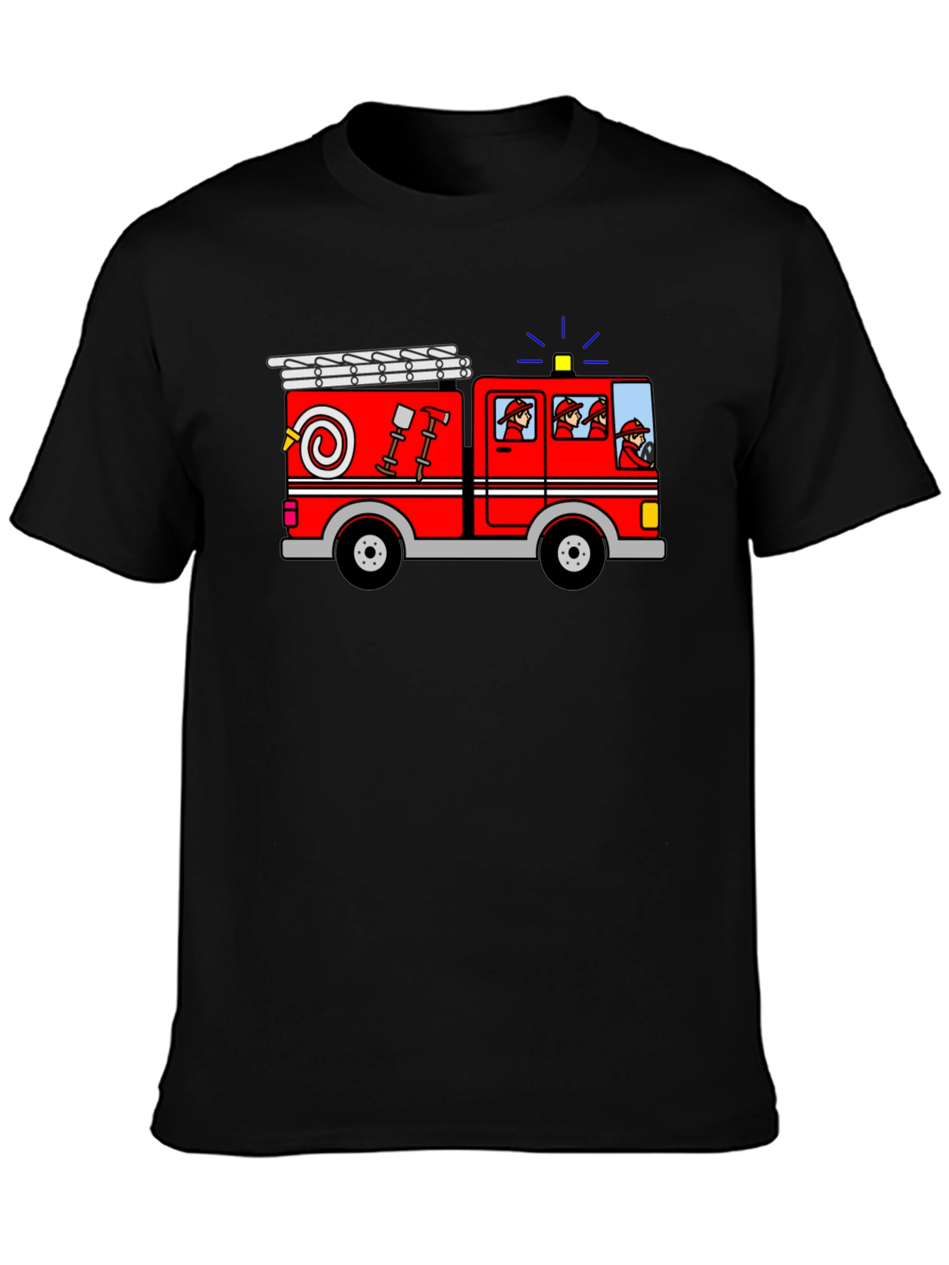 Cartoon Firetruck Graphic Tee - Black Cotton T-Shirt