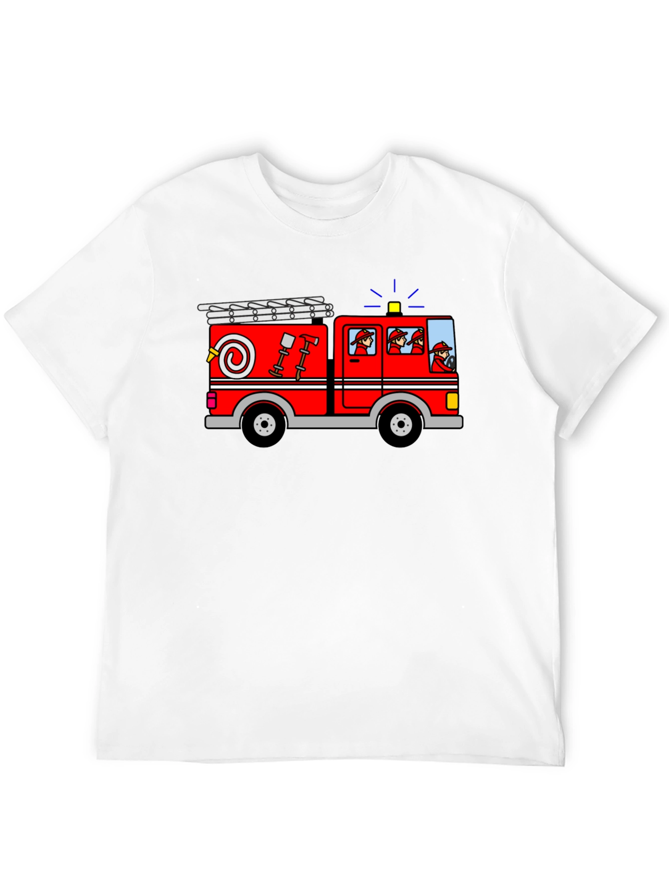 Cartoon Firetruck Graphic Tee - Black Cotton T-Shirt