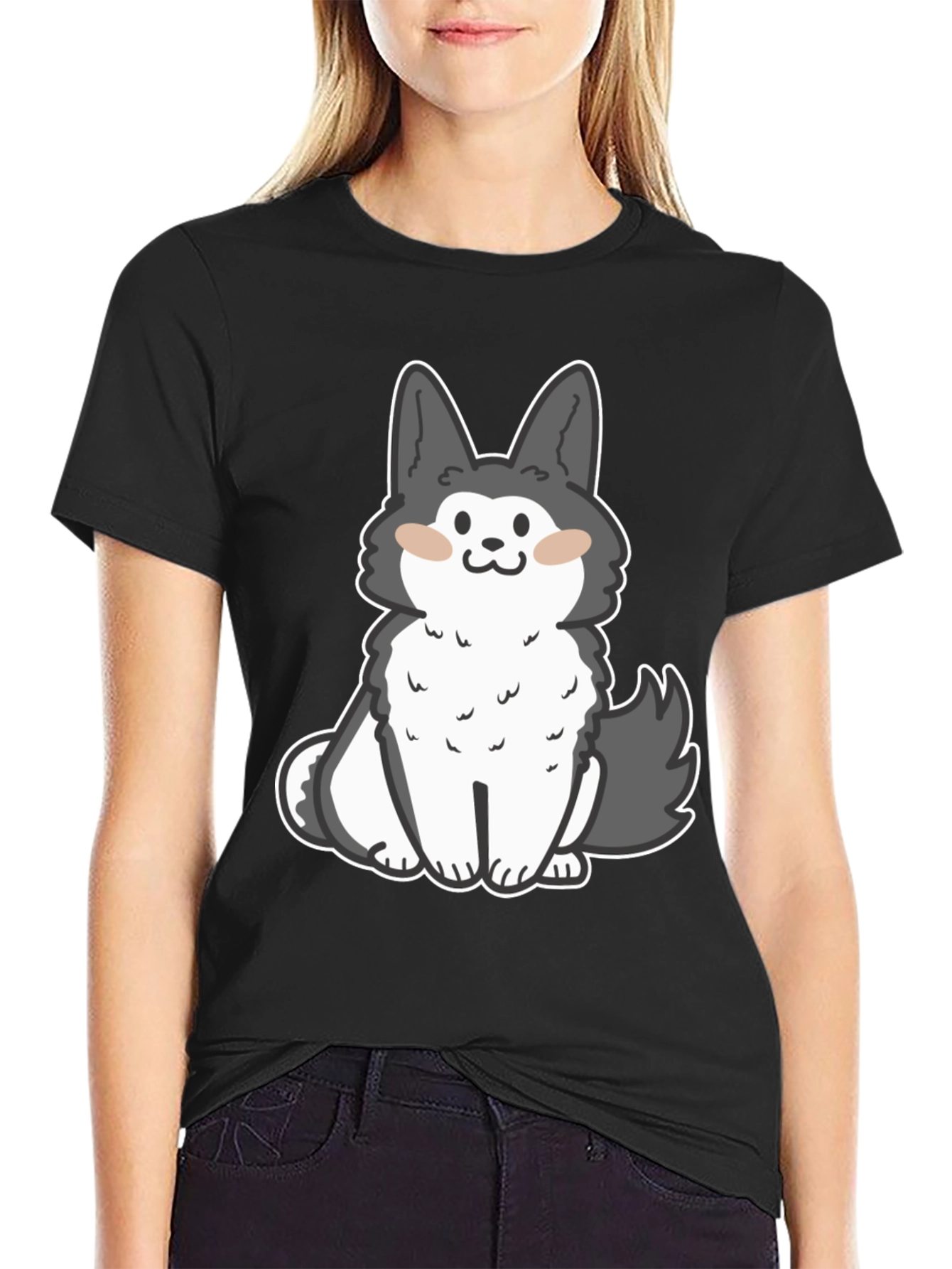Cute Cartoon Dog Graphic Black T-Shirt