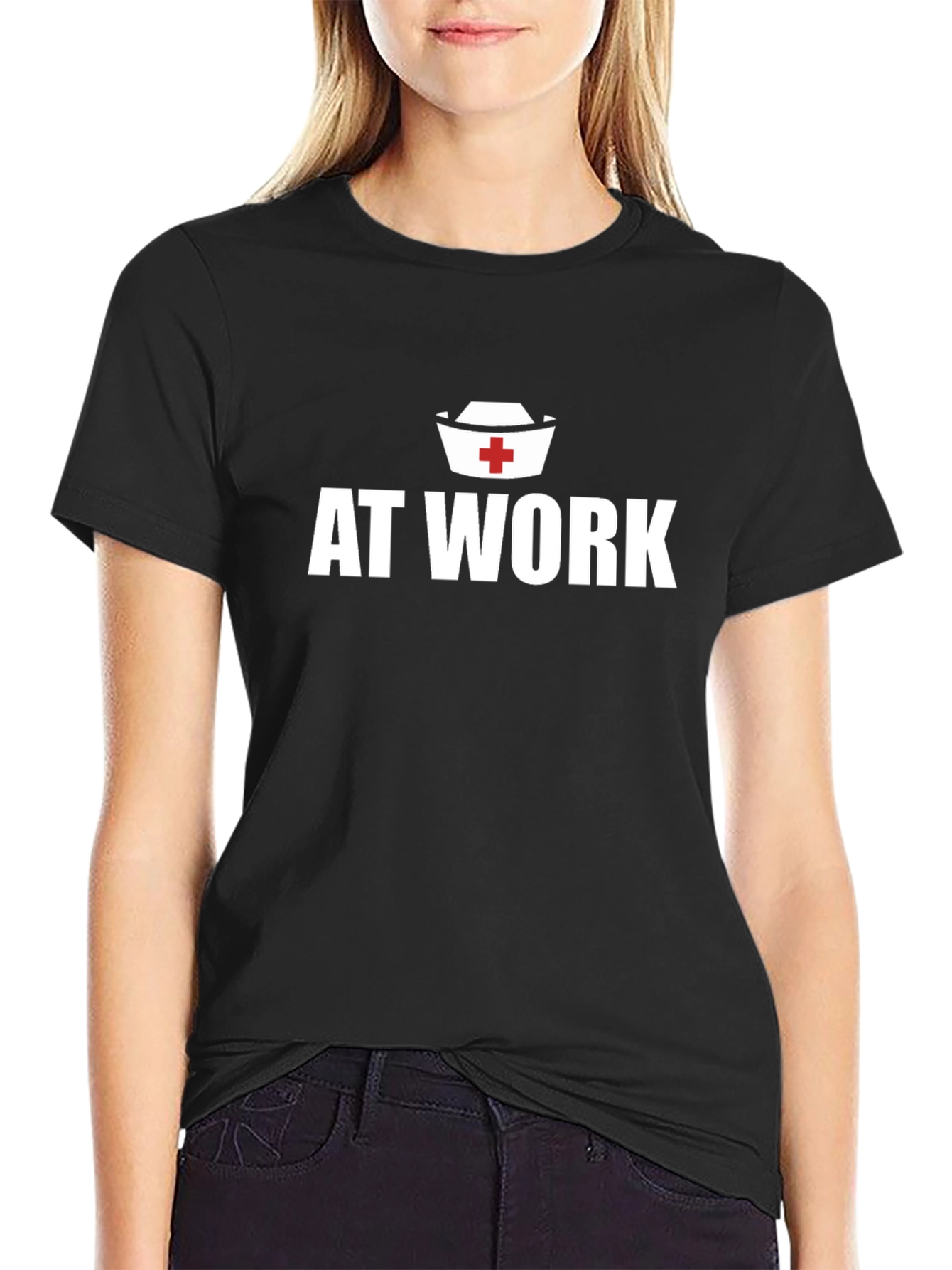 At Work Nurse T-Shirt - Black Crew Neck