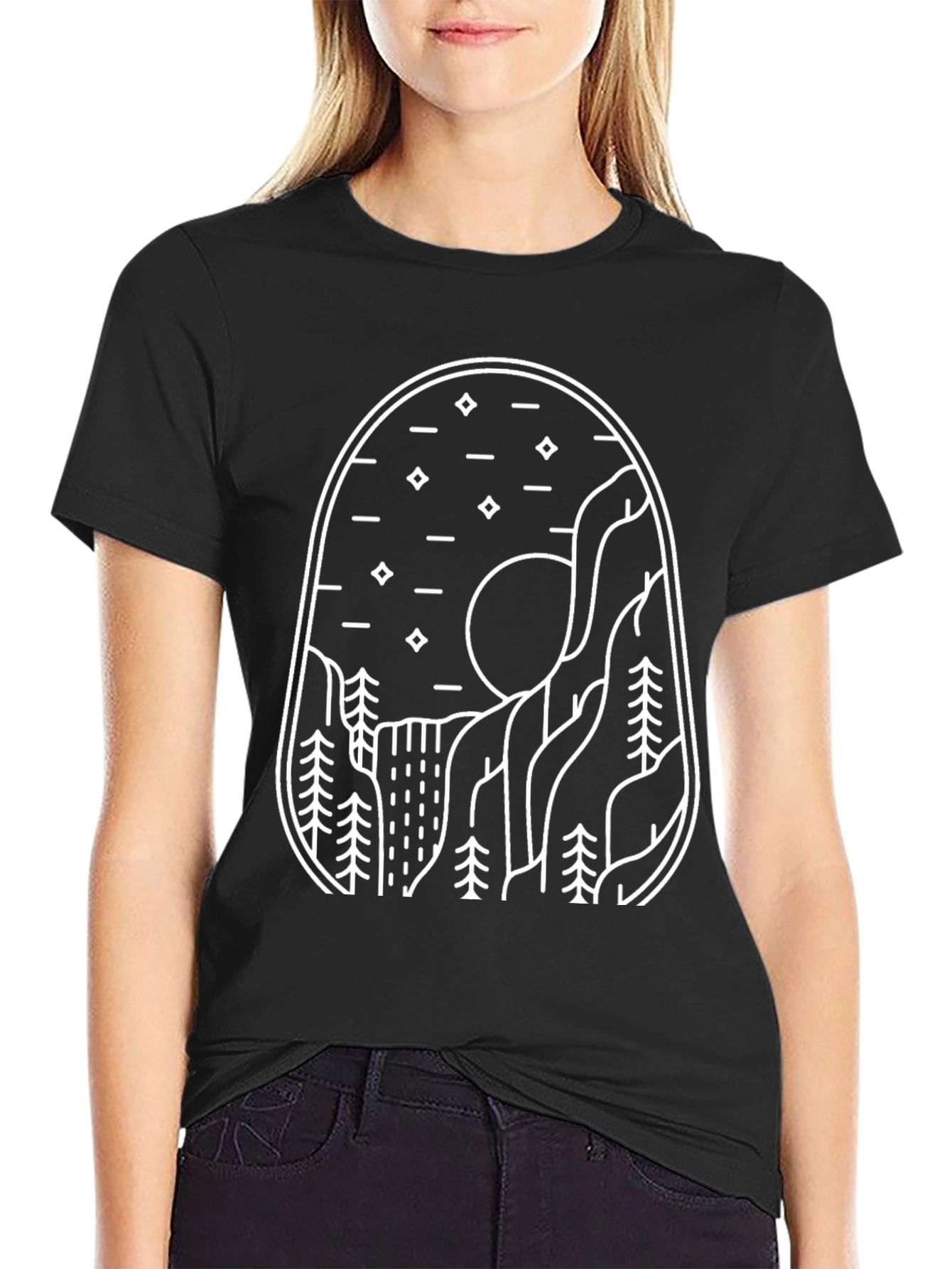 Minimalist Mountain Landscape Black T-Shirt