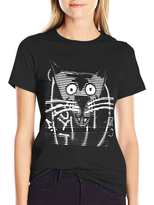 Striking Graphic Tee - Abstract Owl Design Black Cotton Blend