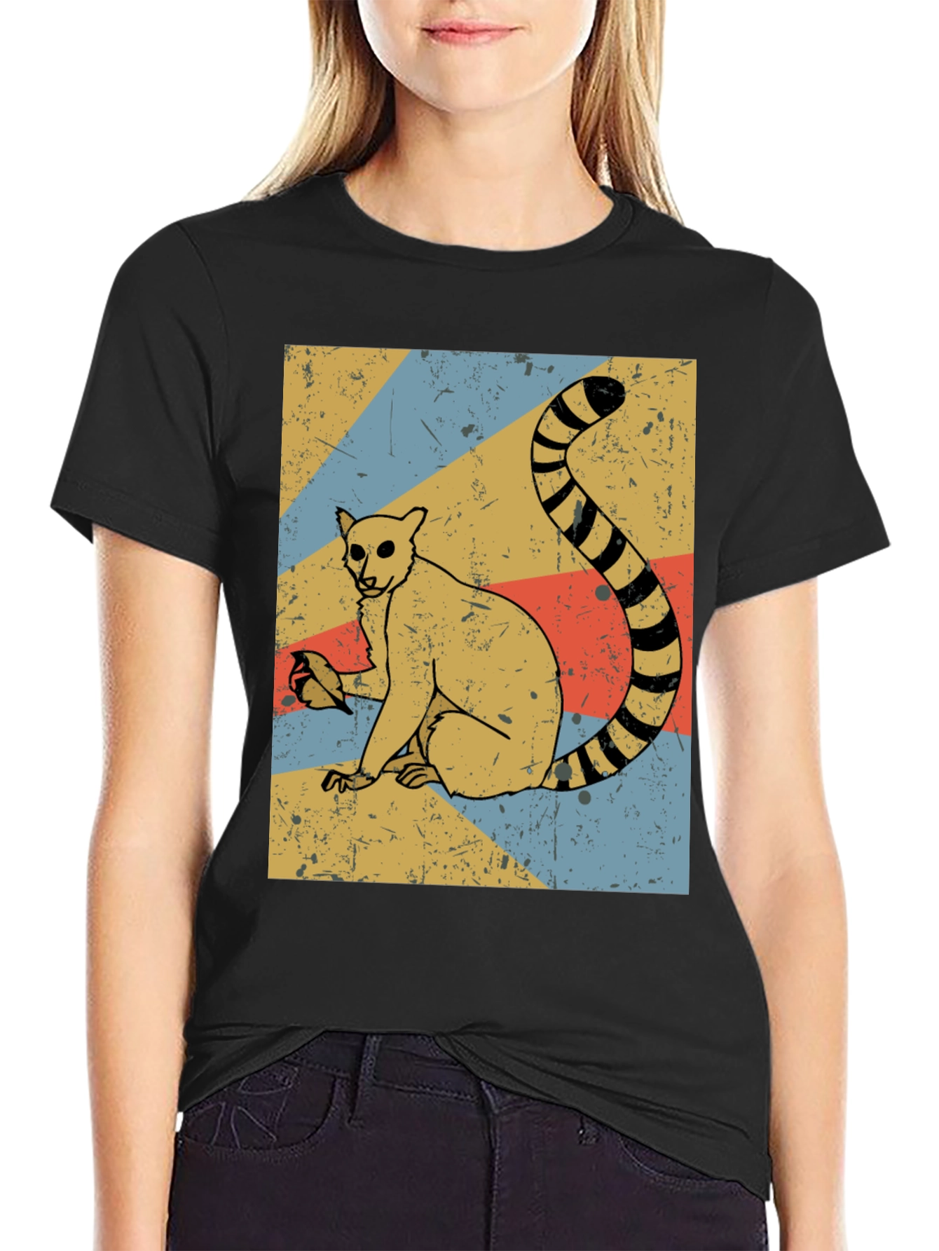 Retro Lemur Graphic Tee - Black Cotton Blend