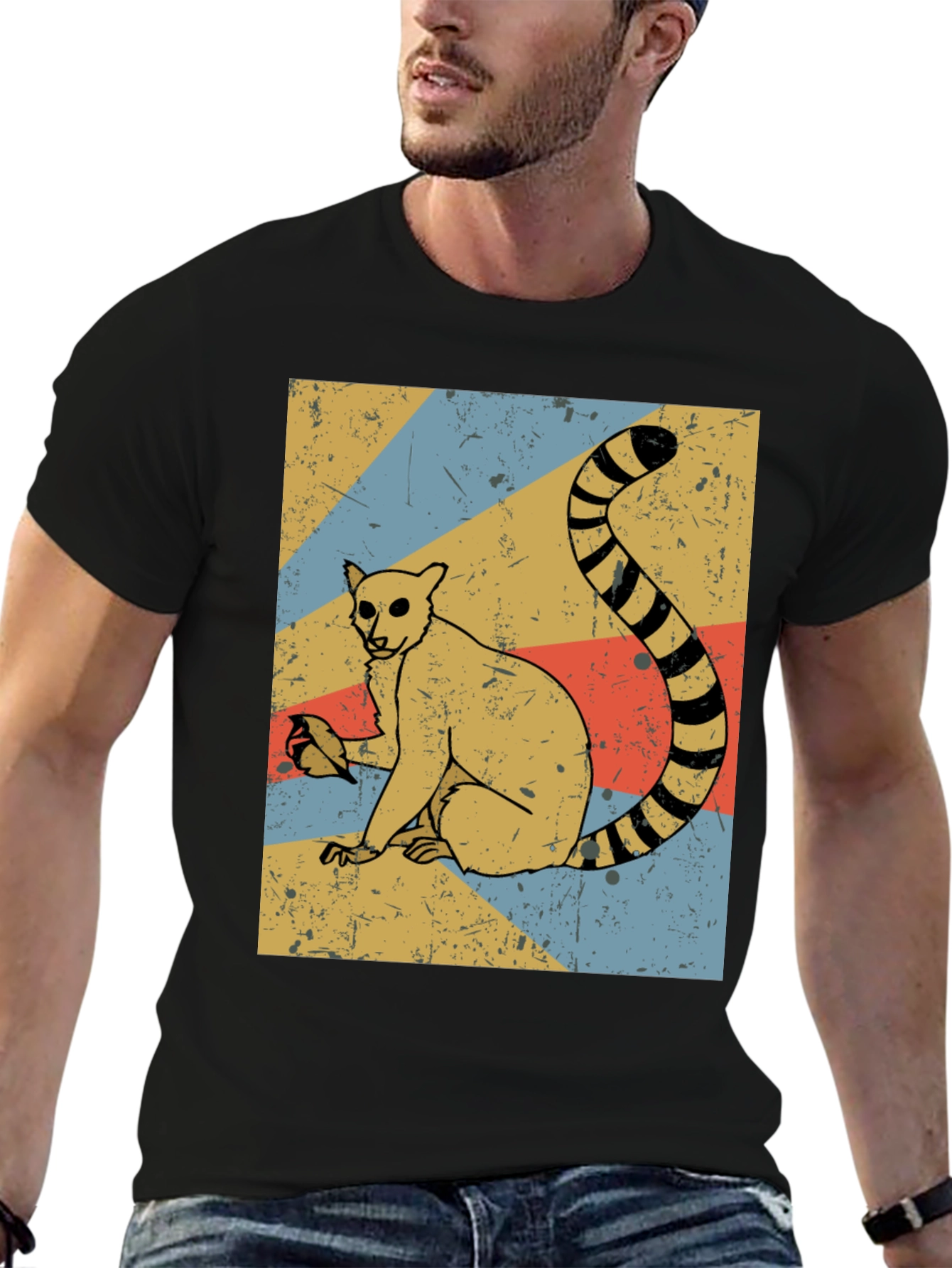 Retro Lemur Graphic Tee - Black Cotton Blend