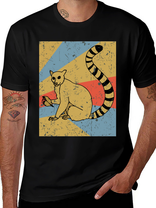 Retro Lemur Graphic Tee - Black Cotton Blend