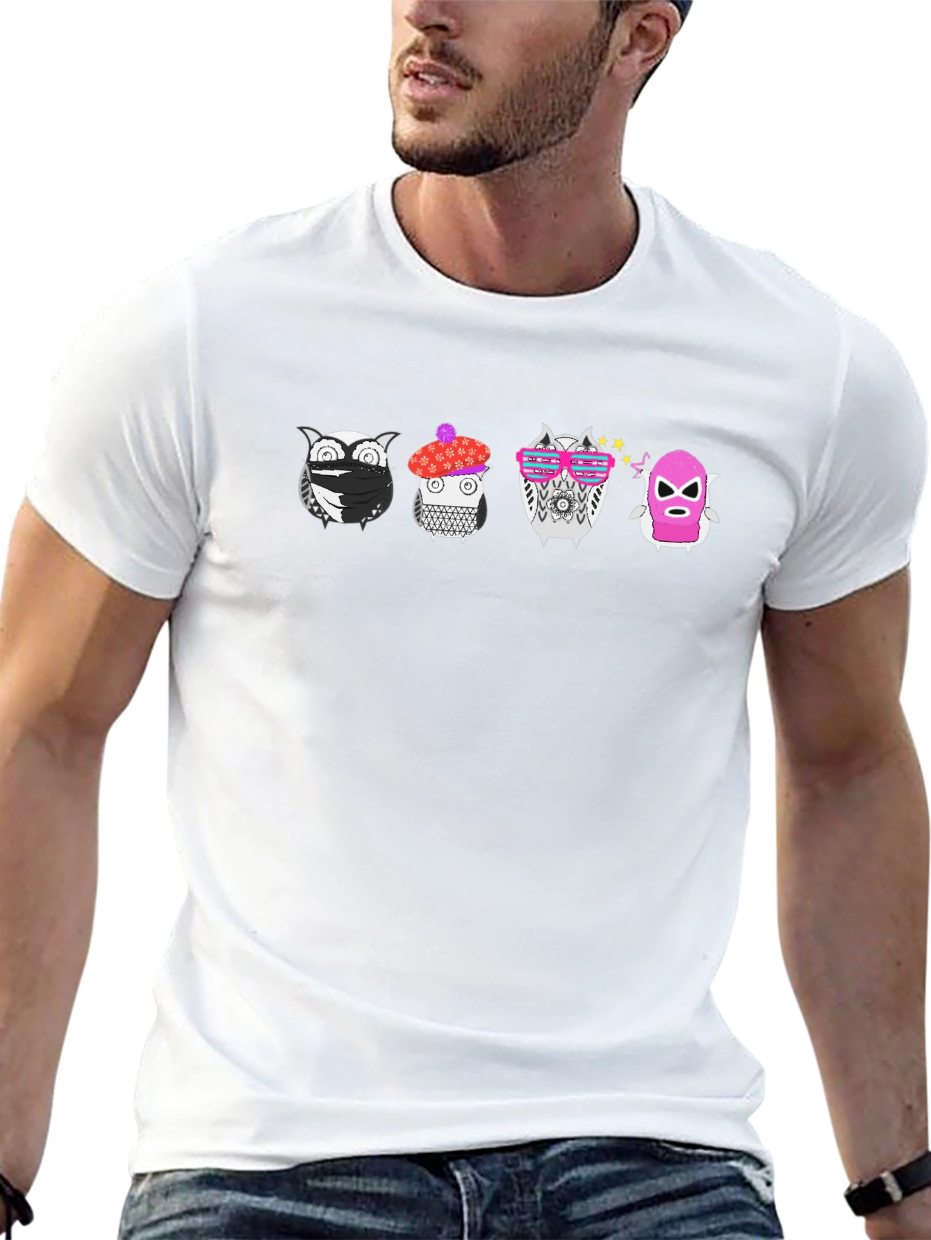 Funky Owls Graphic Tee - Black Crew Neck