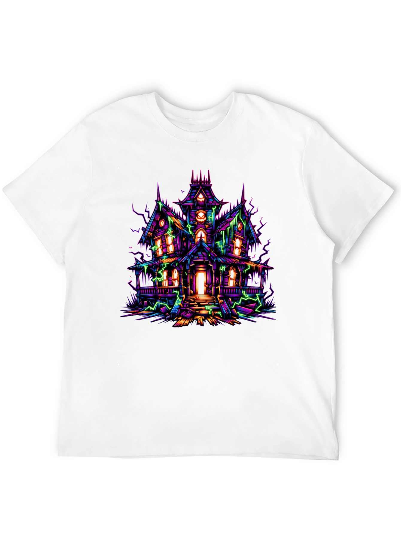 Haunted House Graphic Tee - Neon Spooky Vibes