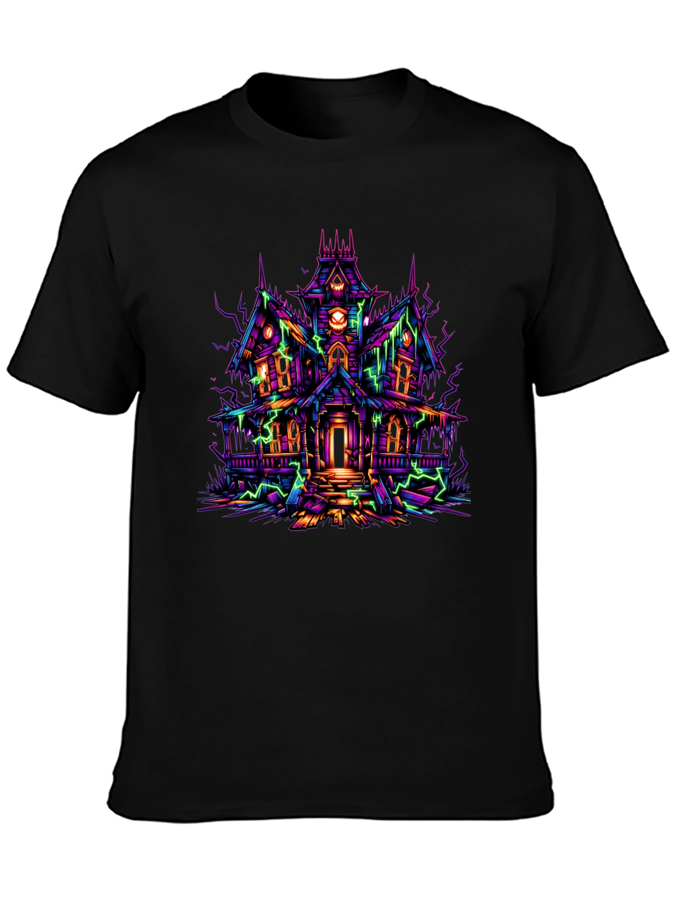 Haunted House Graphic Tee - Neon Spooky Vibes