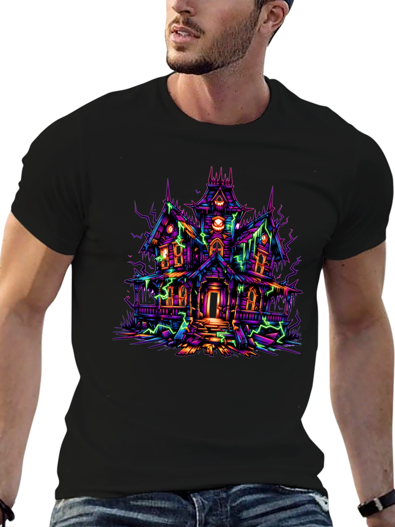 Haunted House Graphic Tee - Neon Spooky Vibes