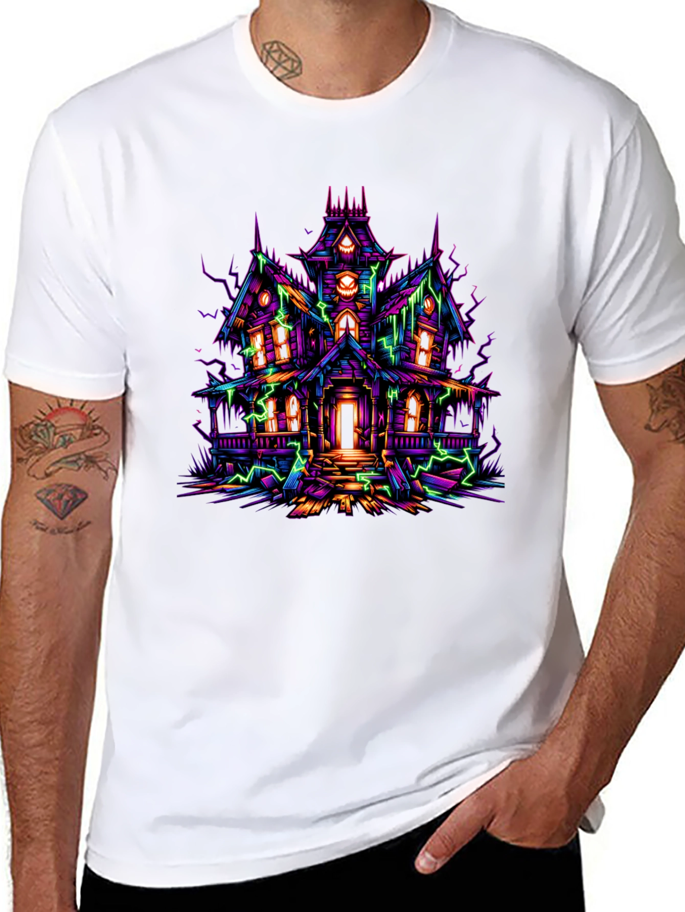 Haunted House Graphic Tee - Neon Spooky Vibes