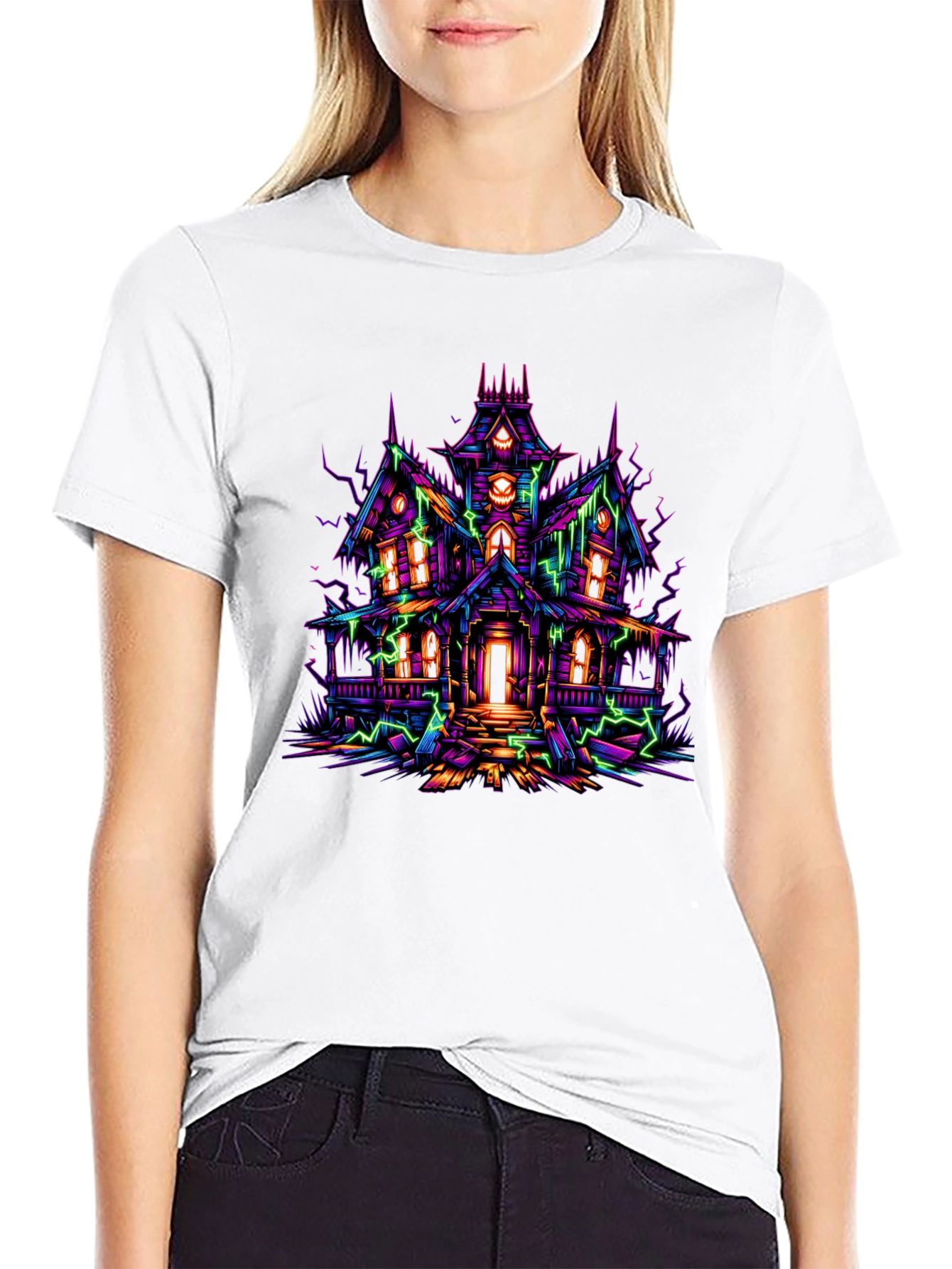 Haunted House Graphic Tee - Neon Spooky Vibes