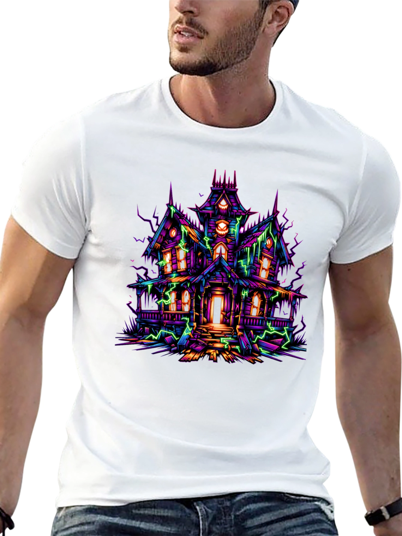 Haunted House Graphic Tee - Neon Spooky Vibes