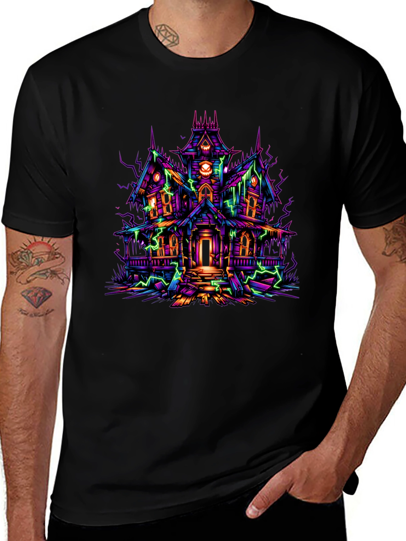 Haunted House Graphic Tee - Neon Spooky Vibes