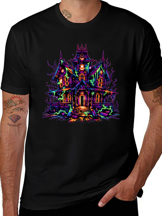 Haunted House Graphic Tee - Neon Spooky Vibes