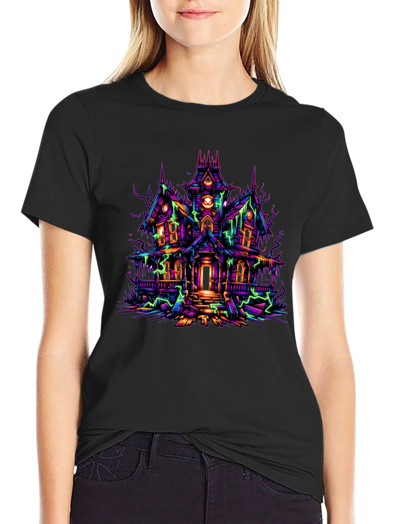 Haunted House Graphic Tee - Neon Spooky Vibes